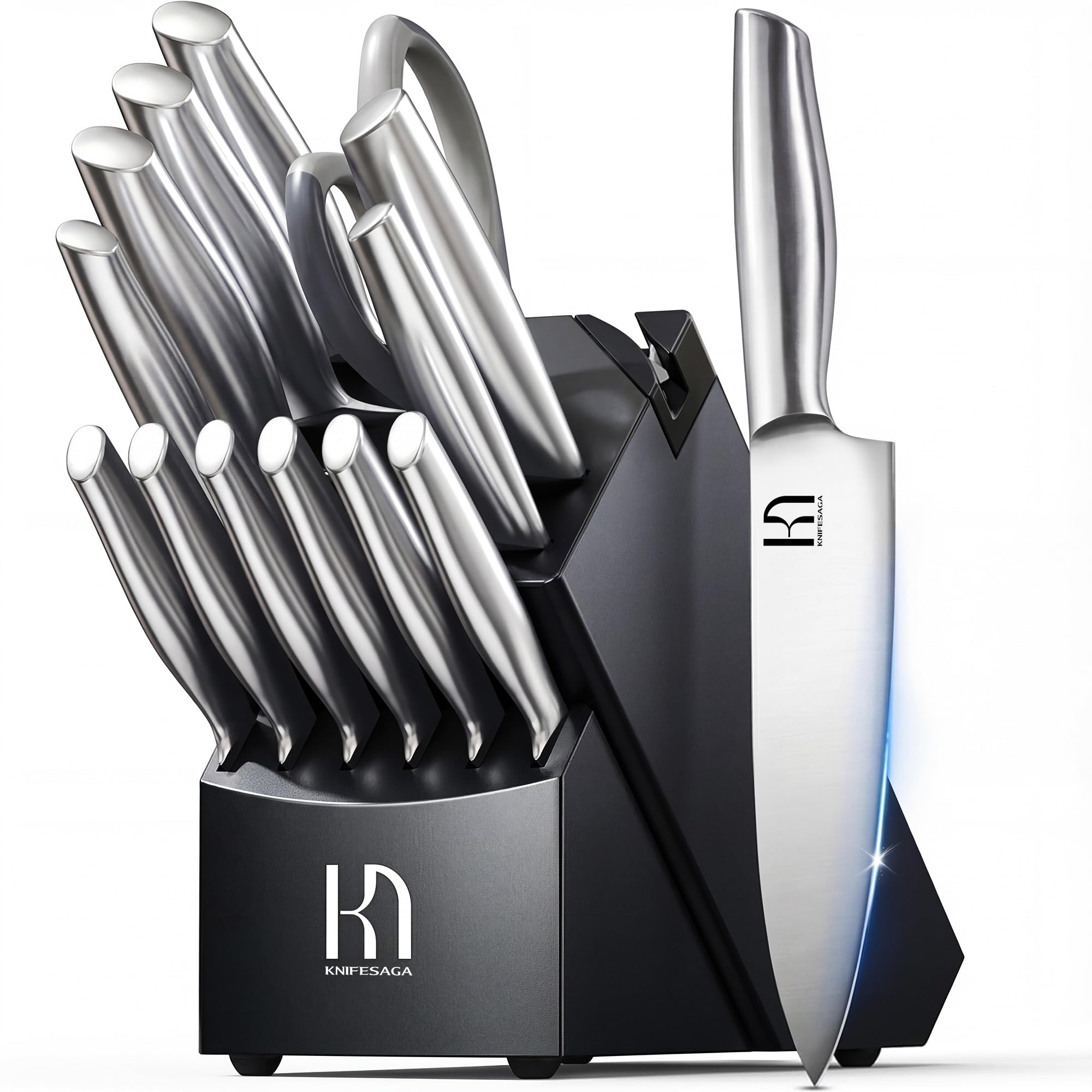 KnifeSaga Knife Set Premium, Kitchen Knife Block Set 14 Pcs Japanese High Carbon Stainless Steel Enduring Razor Sharp, Black Chef Knives Set for Kitchen with Built-in Sharpener and Acacia Wood Block