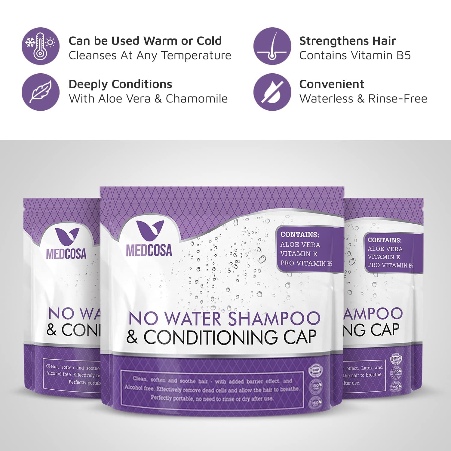 Medcosa No Rinse Shampoo Caps - Waterless Shampoo and Conditioner Hair Wash Cap - Dry Hair Washing Aids with Aloe Vera and Vitamins - Pack of 5 Rinse Free No Water Shower Caps