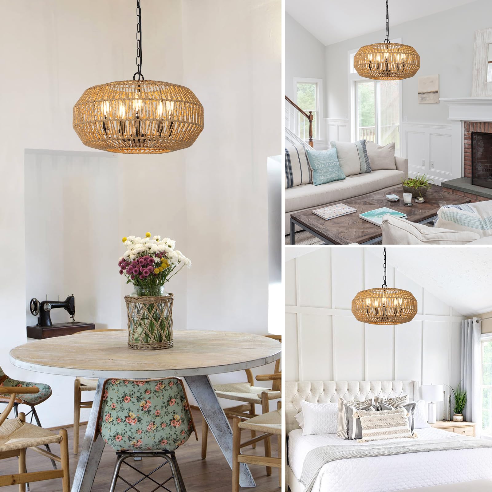 Stepeak Large Farmhouse Chandelier Light Fixtures, 5-Lights Boho Rattan Pendant Lighting with Woven Wicker Shade, Coastal Basket Chandeliers for Dining Room Living Room Kitchen Island Bedroom