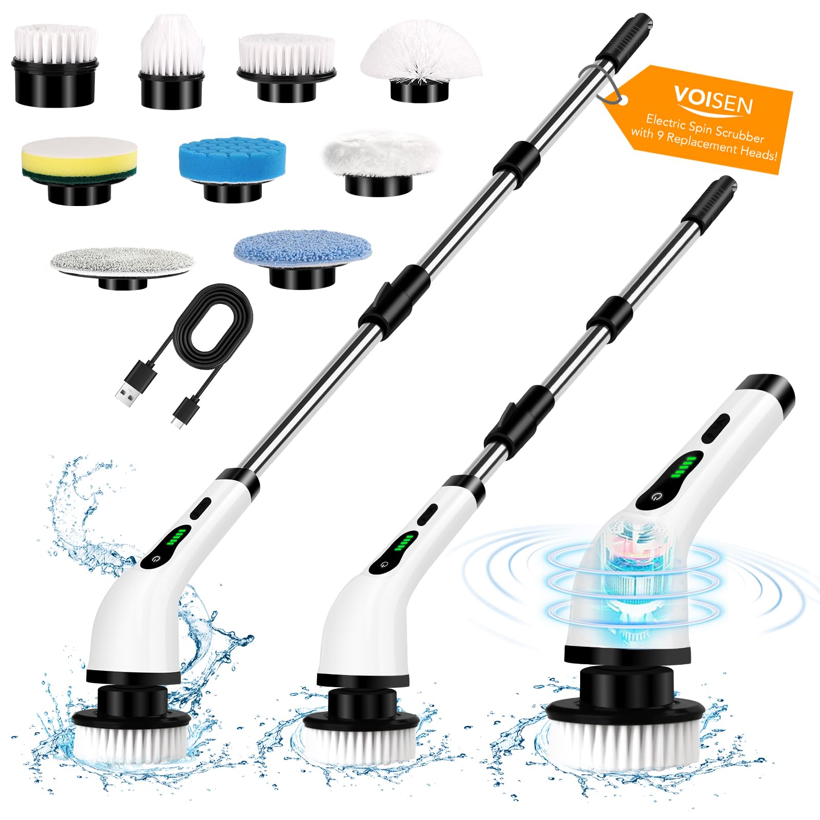 Electric Spin Scrubber, Cordless Cleaning Brush, 9 Replacement Head, Shower Cleaning Brush with Extension Arm for Bathroom, Tub, Tile, Floor
