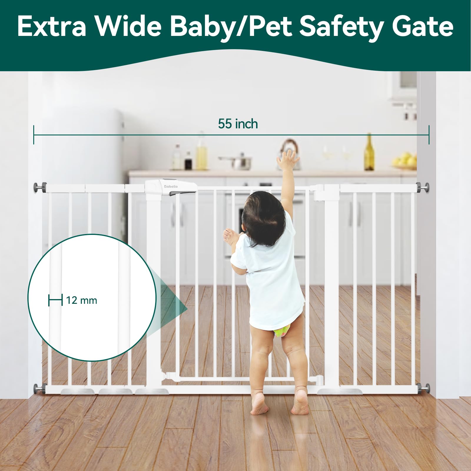 BABELIO 29-55 Inch Extra Wide Baby Gate, Metal Auto Close Dog Gate, Pressure Mounted Pet Gate for Doorways, NO Tools Needed NO Drilling, with Wall Cups, White