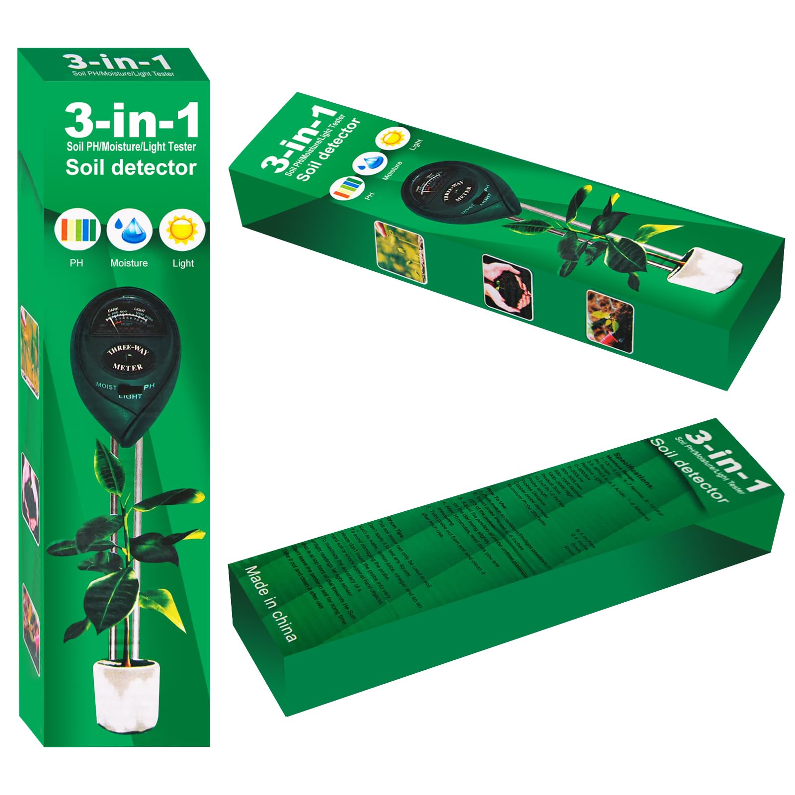 Zoiydals Soil Tester 3-in-1 – Soil Moisture Meter, Light Sensor & Soil pH Tester – No Battery Needed – Plant Moisture & Water Monitor for Garden, Lawn, Farm, Indoor/Outdoor – Promote Healthy Growth