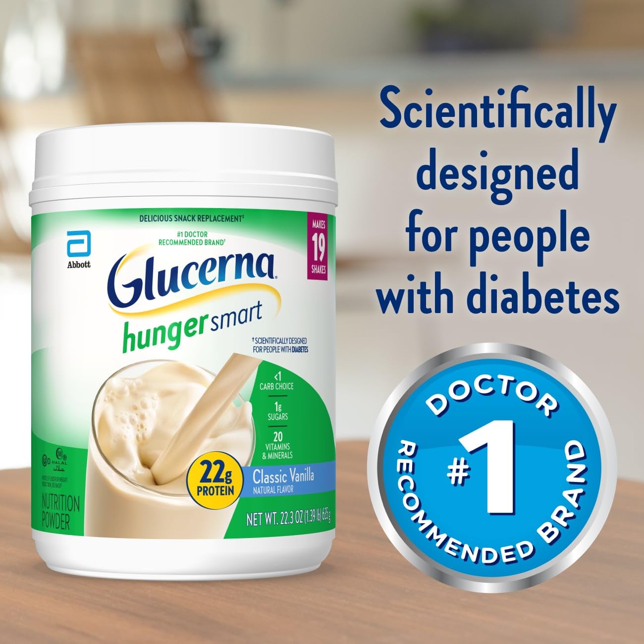 Glucerna Hunger Smart Powder, Diabetic Drink to Support Blood Sugar Management, 22g Protein, 130 Calories, Classic Vanilla, 22.3-oz Tub, 2 Count