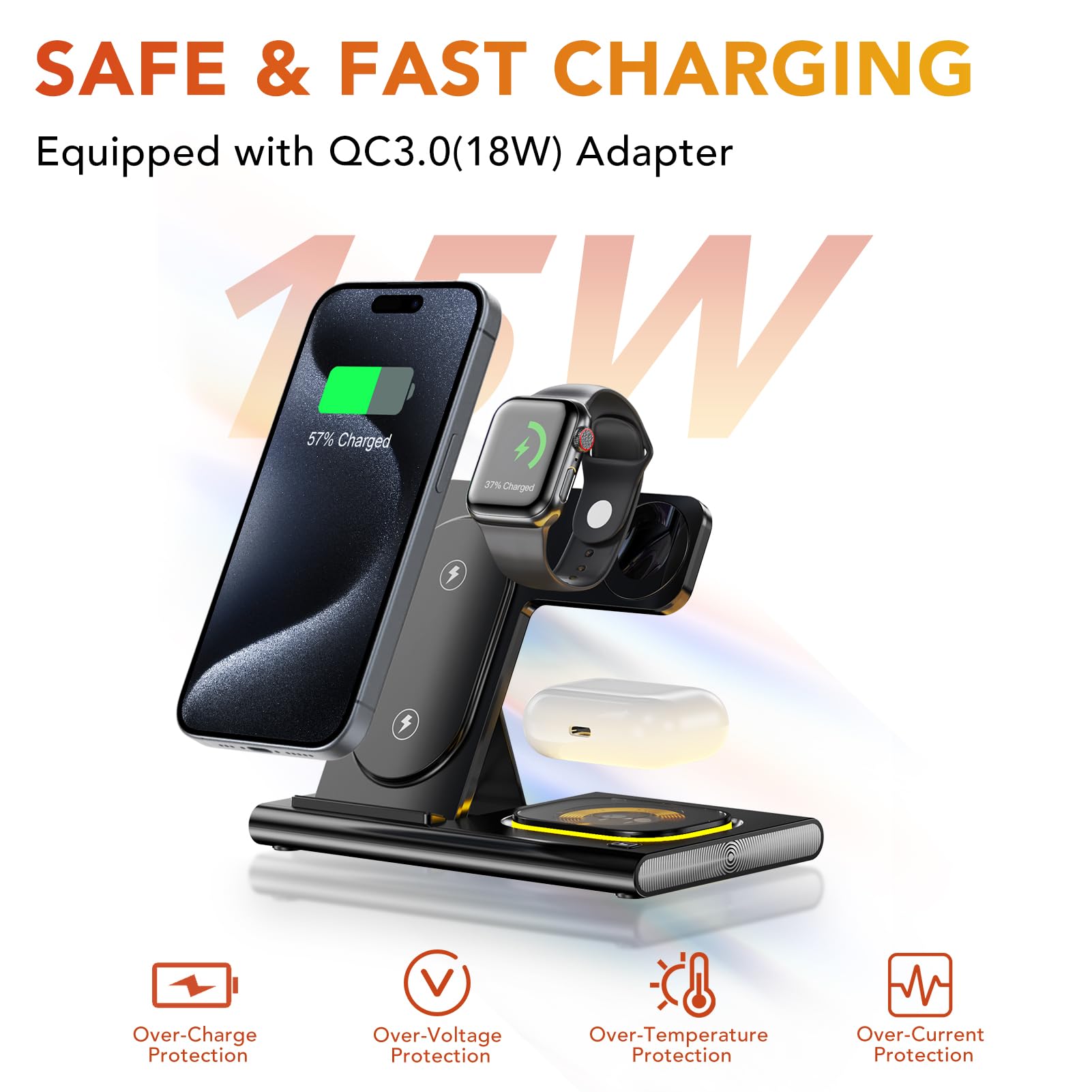 3 in 1 Foldable Charging Station for Apple Products,Fast Wireless Charger Travel Dock Adapter&Light for iPhone 16/15/14/13/12/11/X/XS,for iWatch 10/9/8/7/Ultra2/Ultra/SE,for AirPods 4/3/2/Pro/2(black)