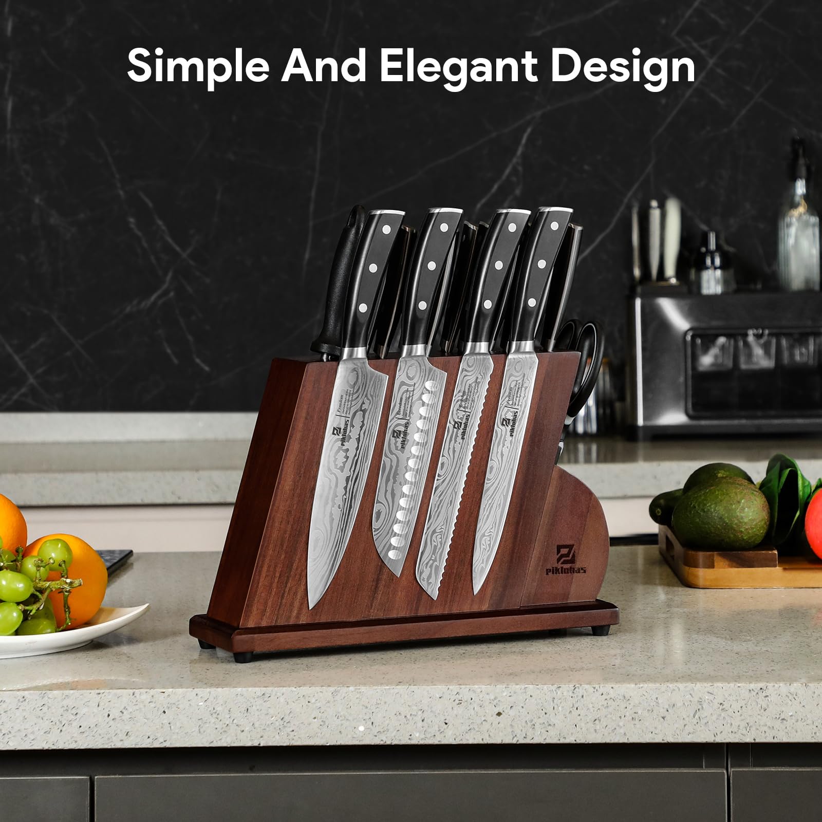 Piklohas Kitchen Knife Sets For Kitchen With Block, 17 Pieces With Magnetic Knife Holder, German High Carbon Stainless Steel Damascus Pattern Chef Knife Set With Sharpener, Steak Knives