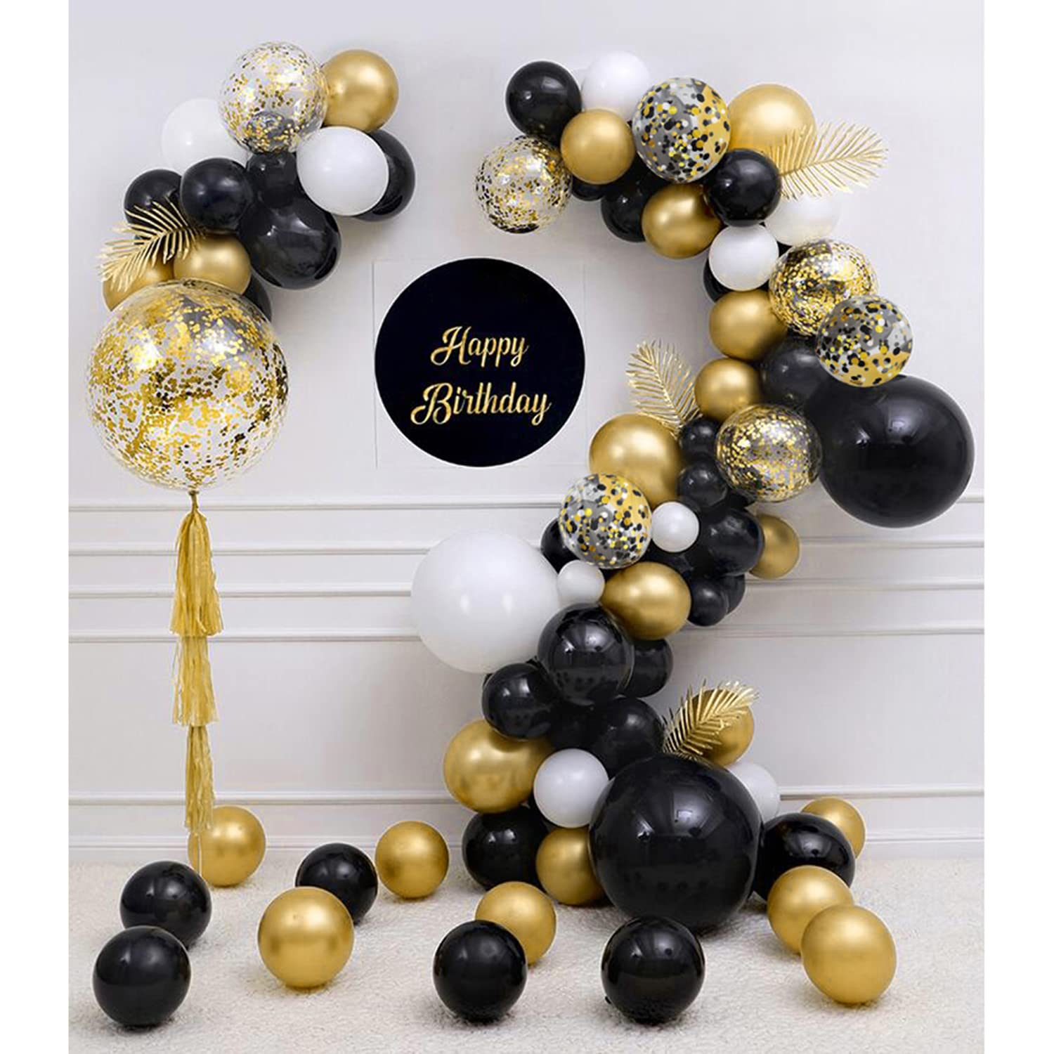 Zesliwy Black Gold Confetti Balloons 50 pack - 12 Inch Gold White and Black Confetti Balloons with Ribbons for Graduation Birthday Wedding Party 2025 New Years Decorations…