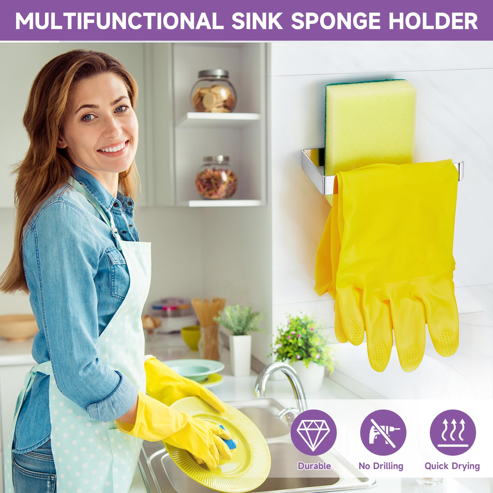 XILIMEN Sink Caddy Sponge Holder for Kitchen Sink Dish Cloth Hanger, Stainless Steel Sink Caddy Organizer Rack, 2-in-1 Adhesive Kitchen Sink Caddy for Sponge, Dish Cloth, Brush, Scrubber, Soap