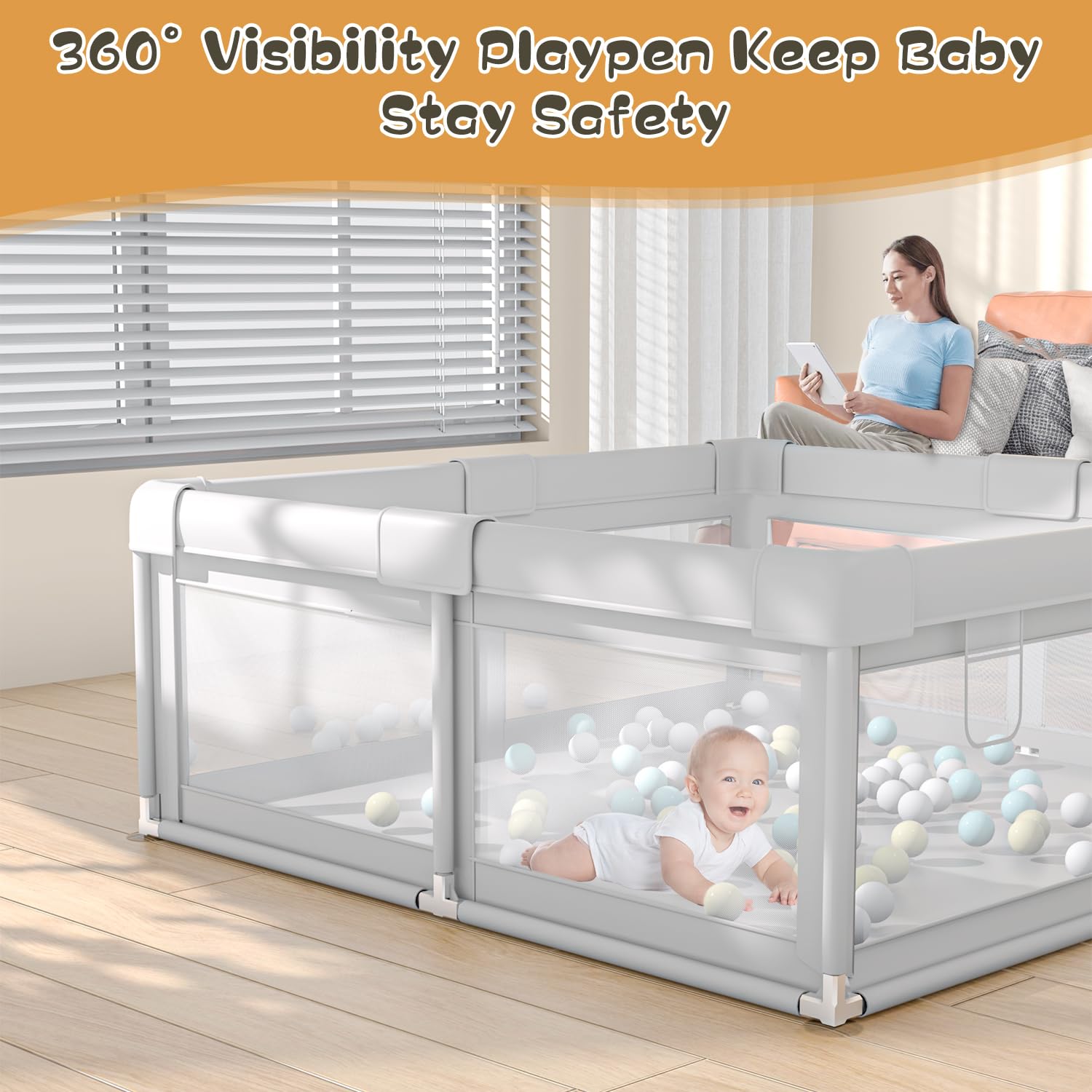 Hiaksedt Baby Playpen 50x50 Inch, Play Pens for Babies and Toddlers Baby Fence Baby Play Yards for Indoor & Outdoor with Breathable Mesh Anti-Fall Playpen