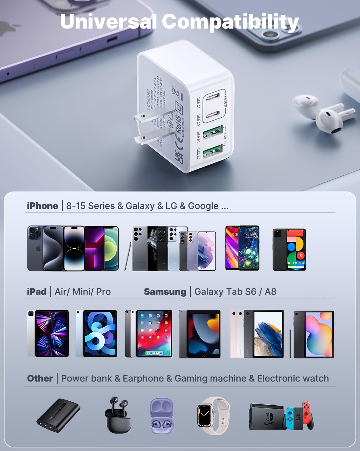 XUDUO USB C Wall Charger, 40W 4-Port USB C Charger Block, Fast Charging Block Dual Port PD Power Adapter + QC Wall Plug Multiport Type C for iPhone 15 Plus 14 13 12 11 Pro Max XS XR 8 7, Samsung