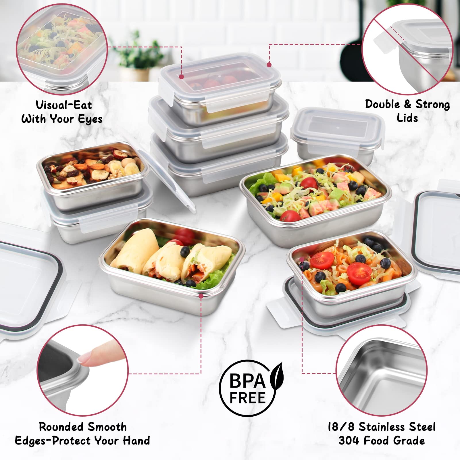 Cykorxicc 10 PC Square 304 Stainless Steel Food Containers with Lids, Airtight Bento Lunch Box, Metal Meal Prep Food Containers Reusable Stackable | Nestable Oven/Dishwsher/Freezer Safe