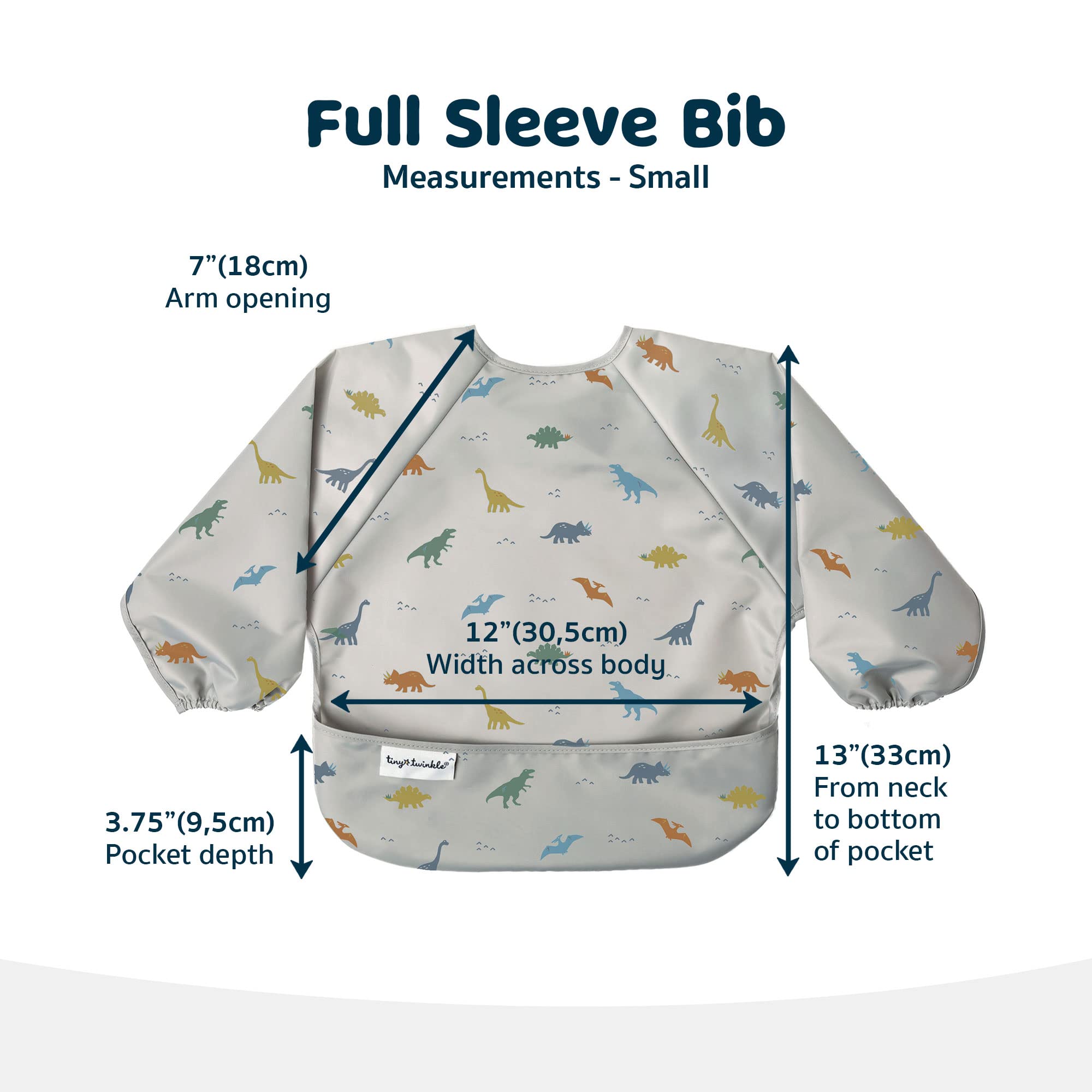 Tiny Twinkle Mess Proof Baby Bib, Cute Full Sleeve Bib Outfit, Waterproof Bibs for Toddlers, Machine Washable, Tug Proof Closure, Baby Smock for Eating, Long Sleeve (Dinosaur, Small 6-24 Months)