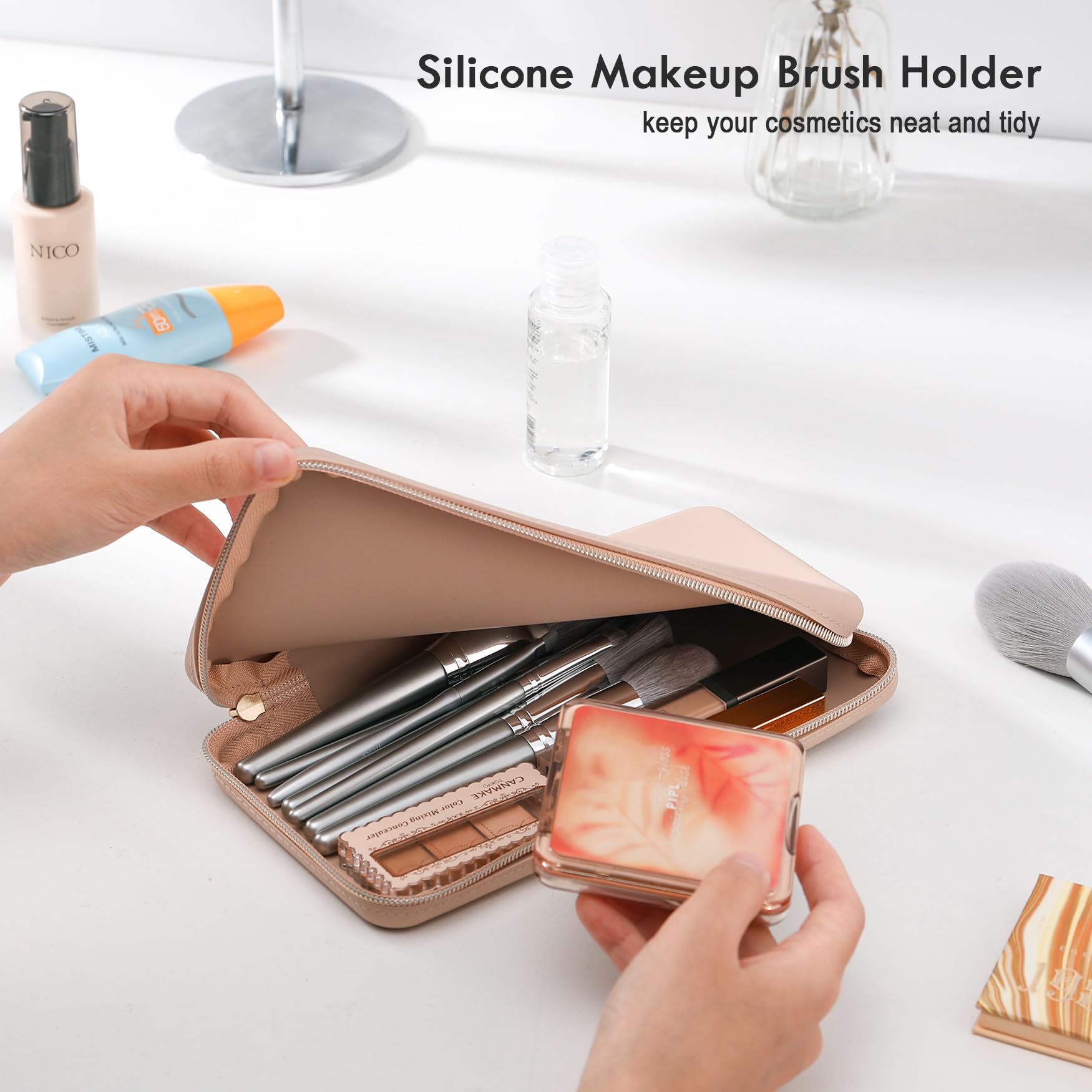 FVION Zipper Makeup Brushes Bag For Travel, Large Silicone Makeup Brush Holder, Make Up Brushes Pouch Case for Makeup Tools - Khaki