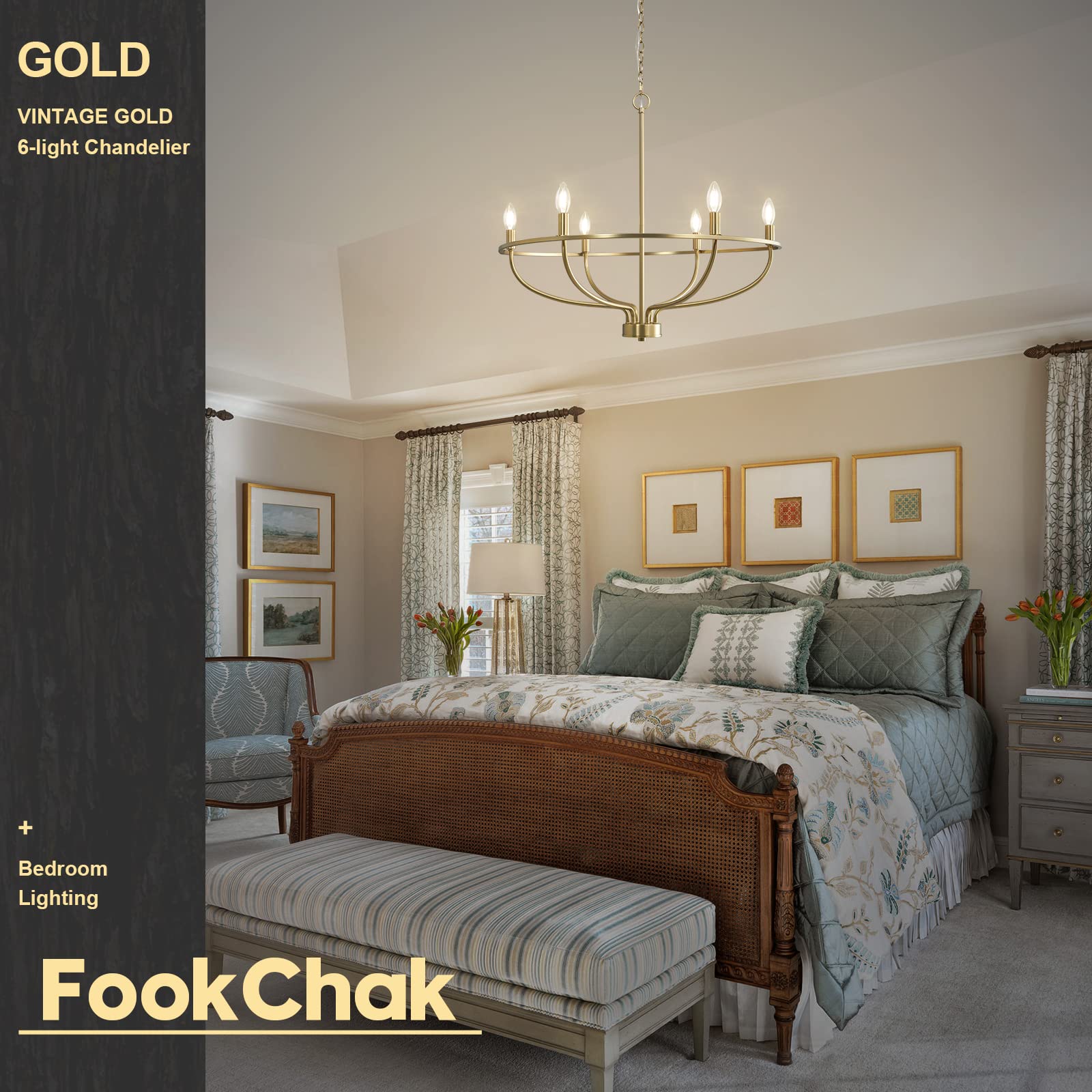 FookChak 6-Light Gold Chandelier Vintage Candle Chandelier Dining Room Chandelier Over Table for Bedroom, Living Room,Kitchen,28.54in,E12