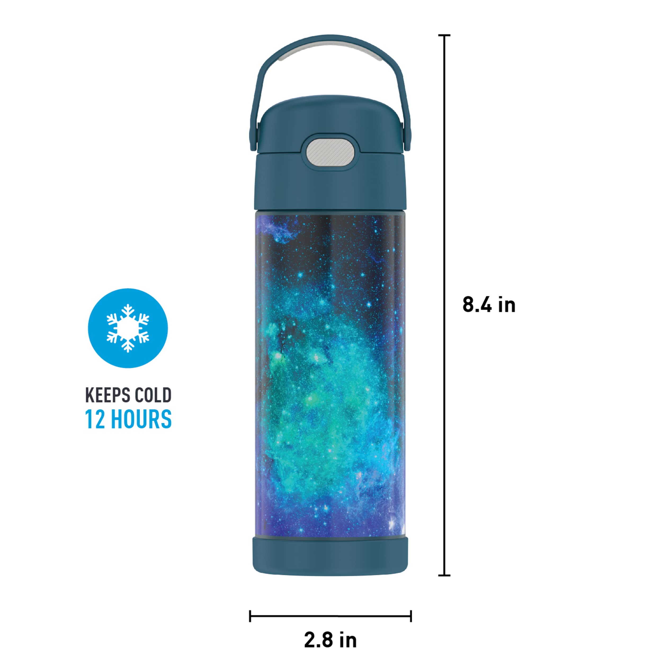 THERMOS FUNTAINER 16 Ounce Stainless Steel Vacuum Insulated Bottle with Wide Spout Lid, Galaxy Teal