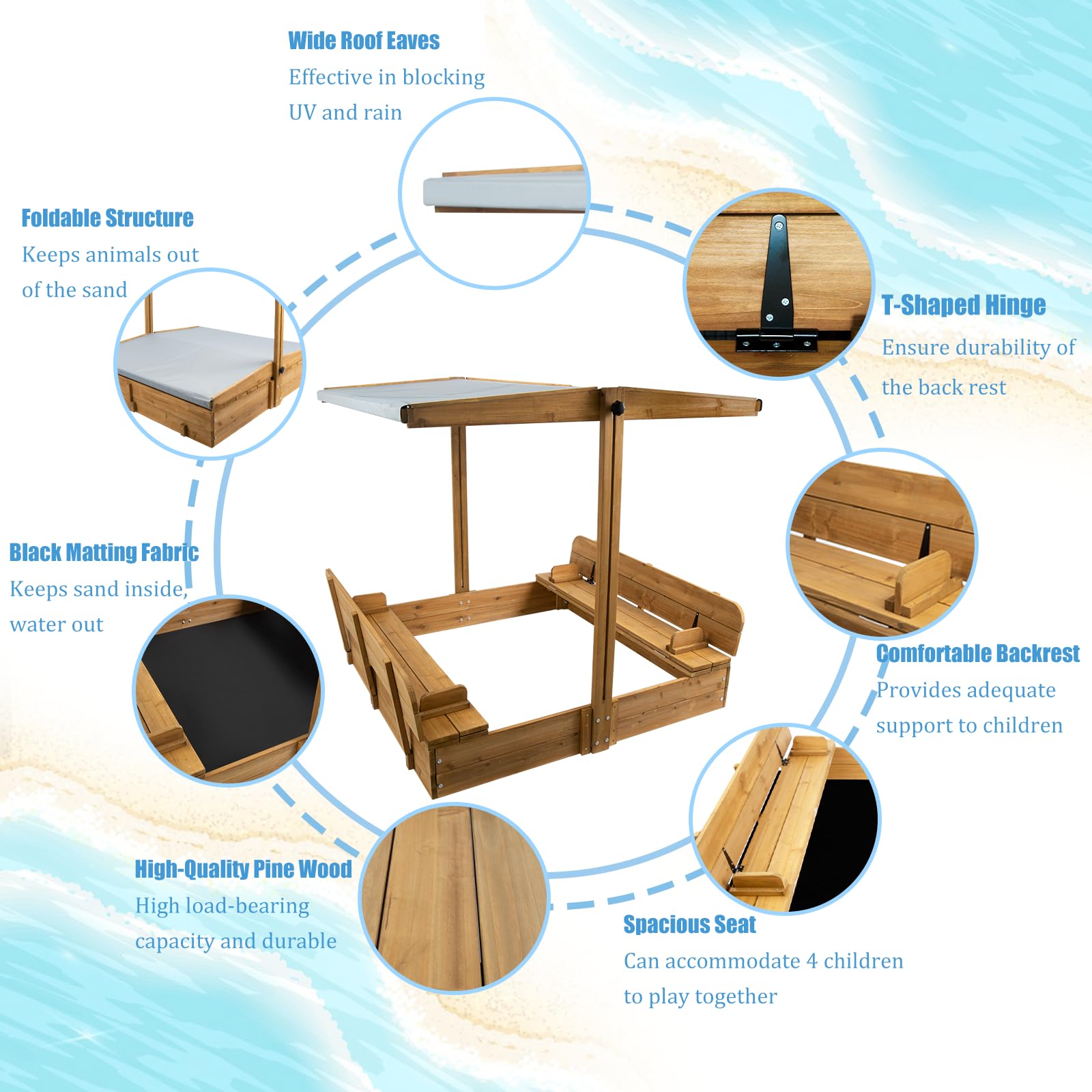 PetsCosset Wooden Sandbox with Cover, Sand Boxes for Kids Outdoor with Lid, Sandbox with 2 Foldable Bench Seats for Backyard (47x47in), UV-Resistant & Adjustable Height Roof, Gift for Ages 2-8