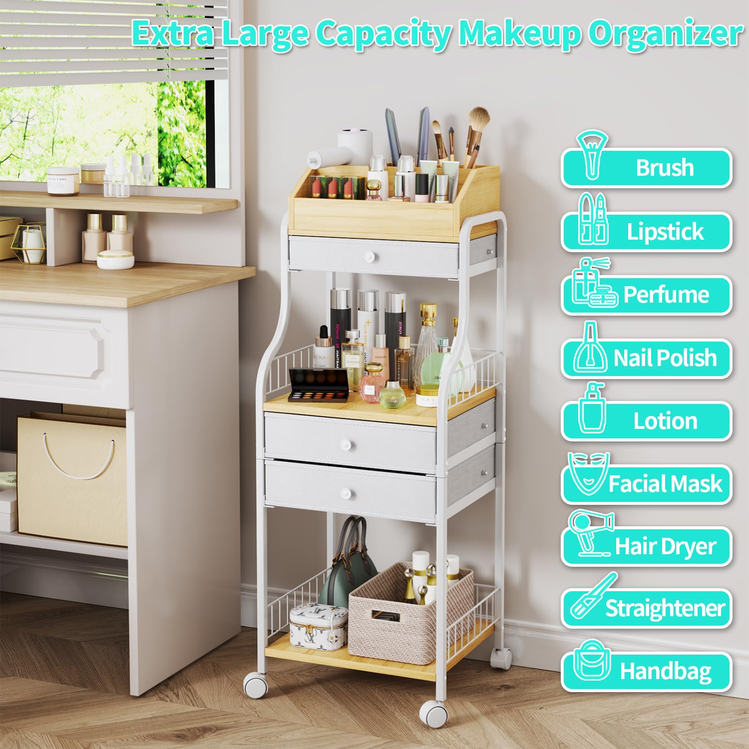 HapiRm Floor Makeup Organizer Storage - Skincare Make Up Organizers and Storage with Drawers, Vanity Organizer Cosmetics Display Cases Holder for Skin Care Nail Polish Perfume Makeup Brush