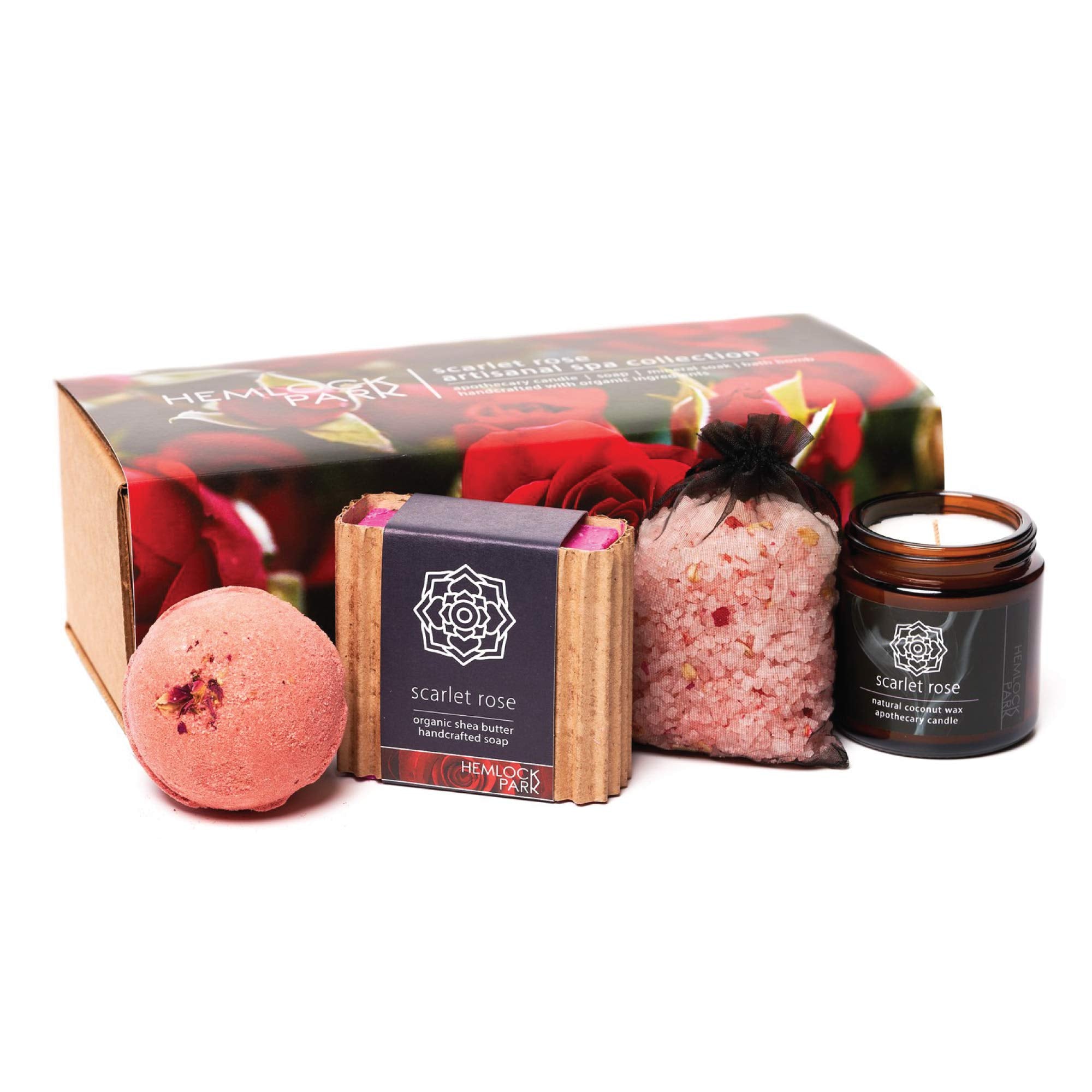 Hemlock Park Artisanal Spa Collection | Apothecary Candle, Shea Butter Soap, Bath Bomb, Mineral Salt Bath Soak | Handcrafted with Organic Ingredients (Scarlet Rose)