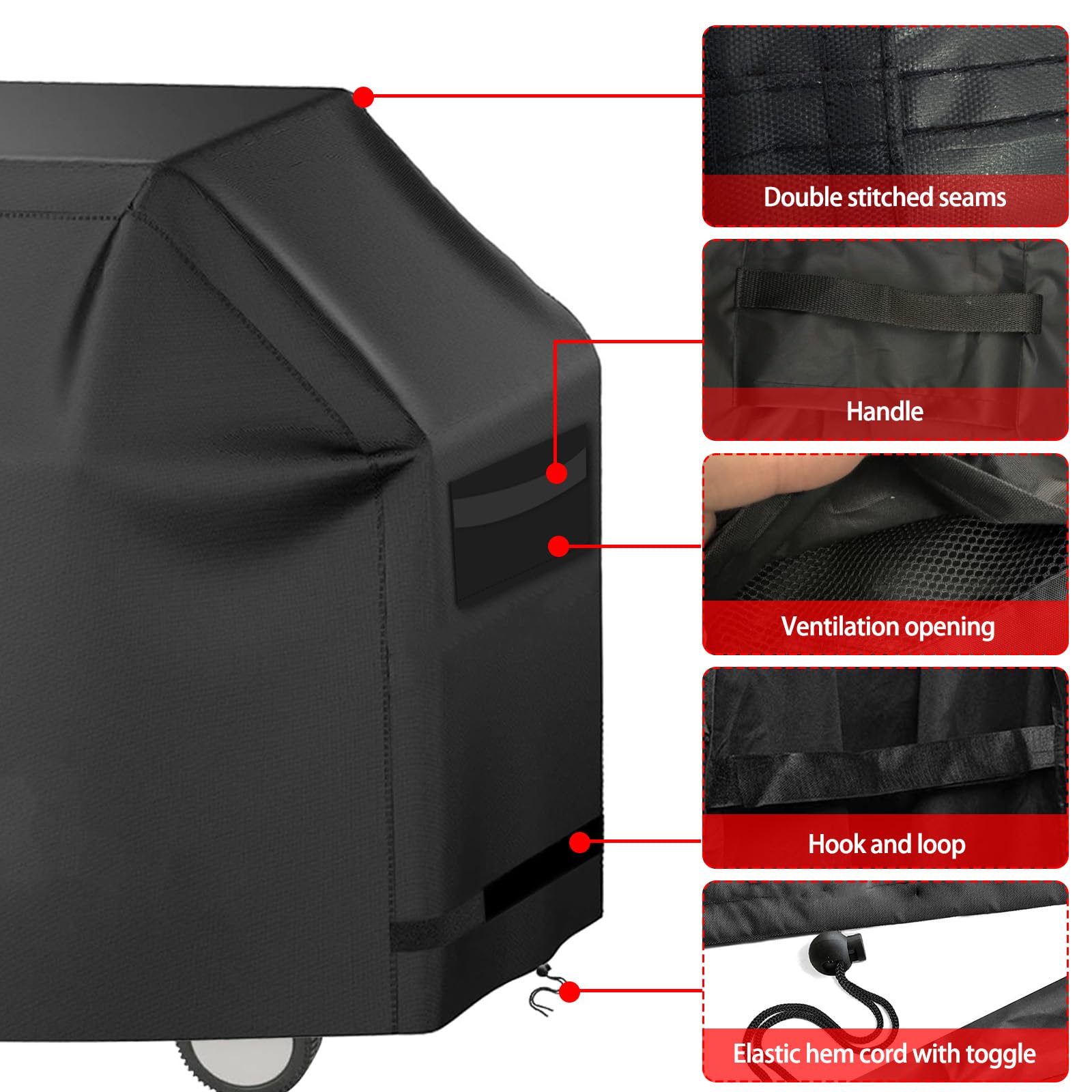 Grill Cover 600D Heavy Duty BBQ Grill Cover for Outdoor Grill, Waterproof, Anti-UV, Rip-Proof, Fade Resistant Material, Barbecue Cover with Hook-and-Loop Straps, (52" L x 24" W x 48" H, Black)