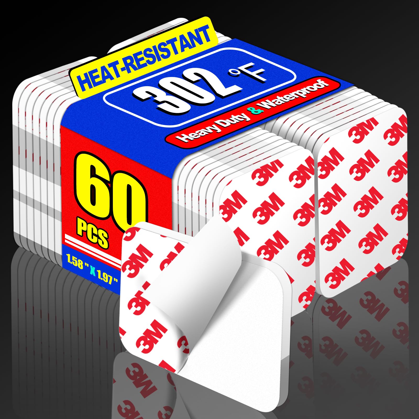 PHIXBEAR 60 Pcs Double Sided Tape Heavy Duty, Made of 3M, High-Adhesive Pads - White 1.57"x1.97" Automotive Adhesive Pads, Heat-Resistant, Waterproof, Outdoor & Indoor Decoration