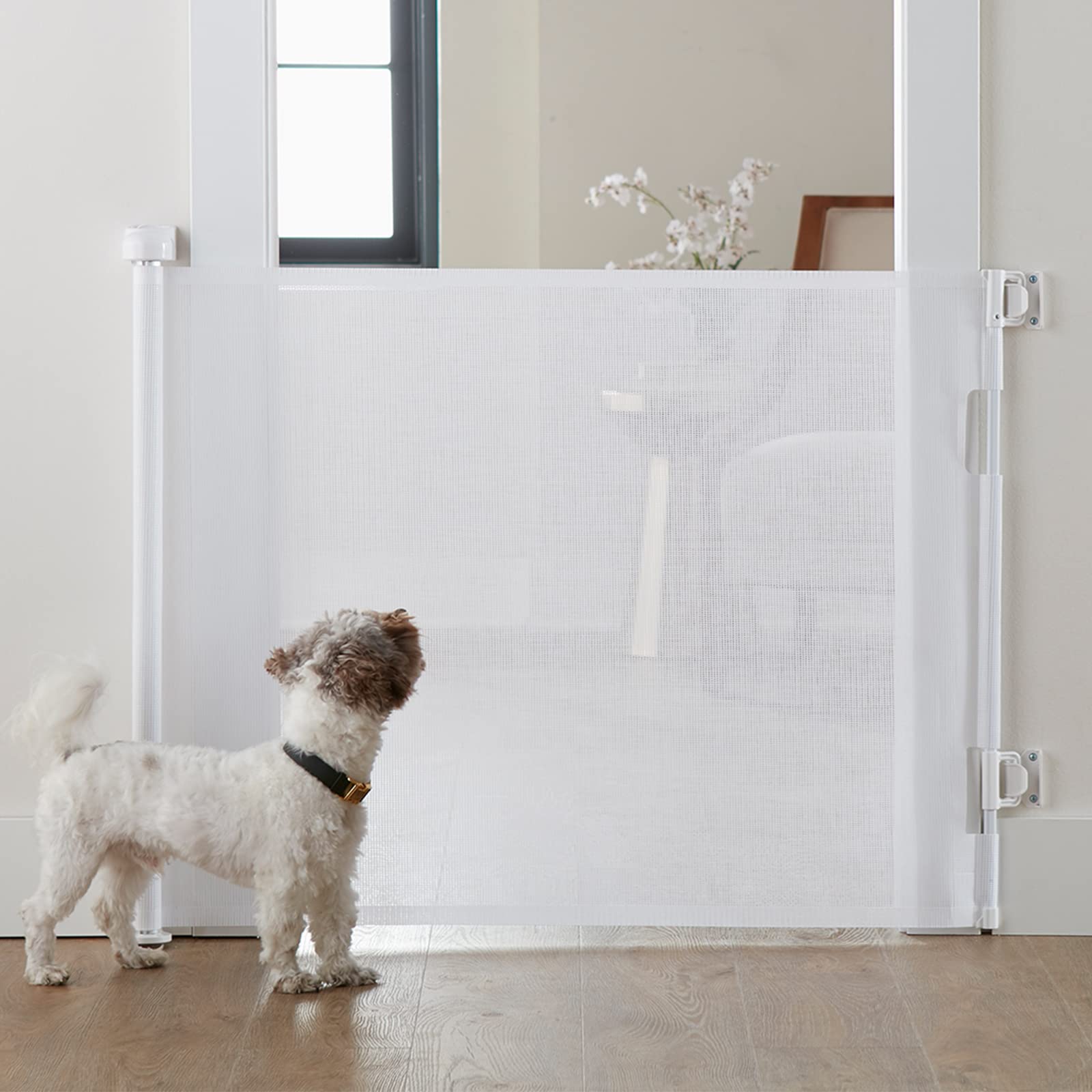 Cumbor Baby Gate Retractable Gates for Stairs, Mesh Dog Gate for The House, Wide Pet Gate 33" Tall, Extends to 55" Wide, Long Child Safety Gates for Doorways, Hallways, Cat Gate Indoor/Outdoor(White)