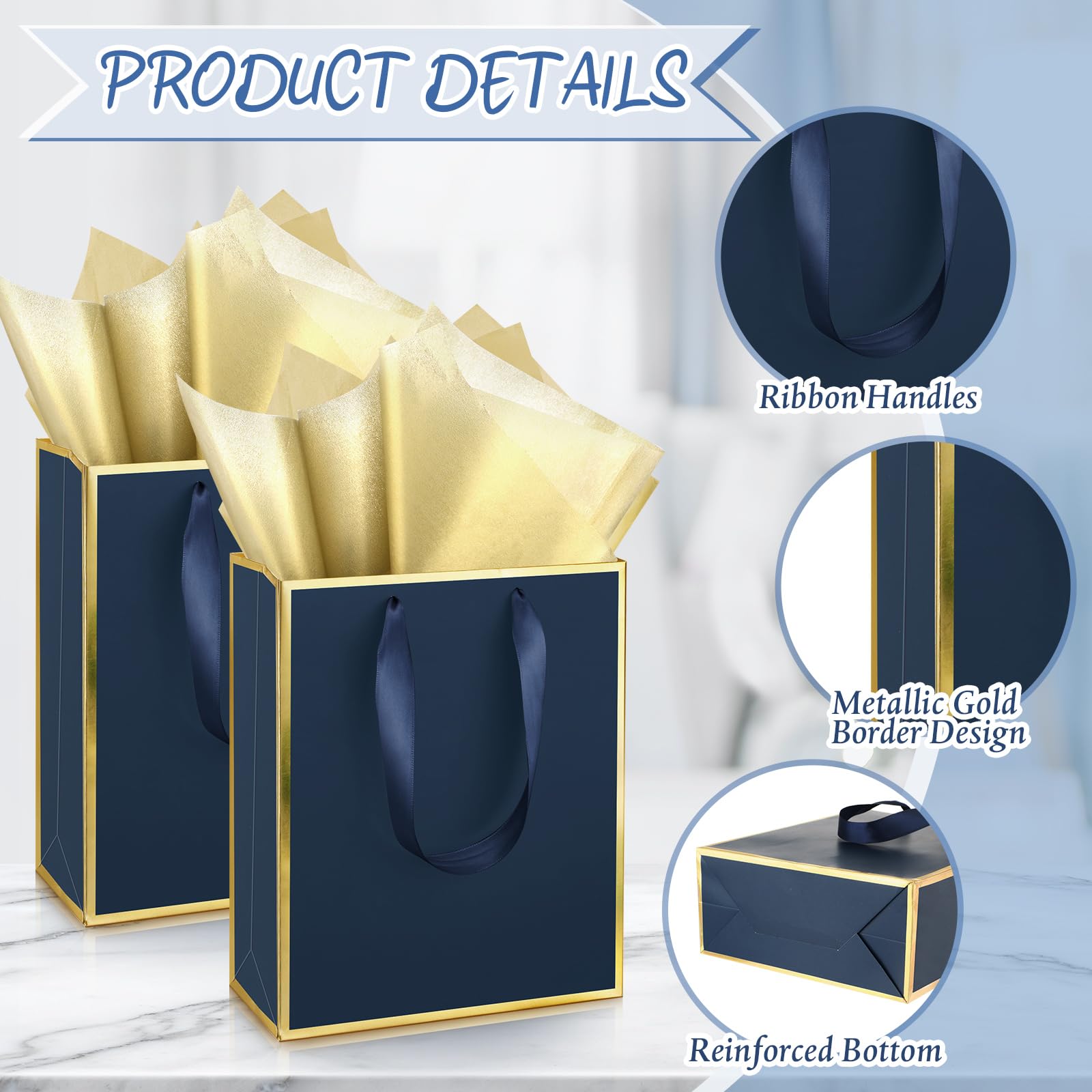 Yeaqee 24 Pack Metallic Paper Gift Bags with Handle and Tissue 9 x 7 x 3.1 Bridesmaid Welcome Gift Bag Thank You Bags for Christmas Thanksgiving Party Wedding Bridal Favor(Navy Blue, Gold)