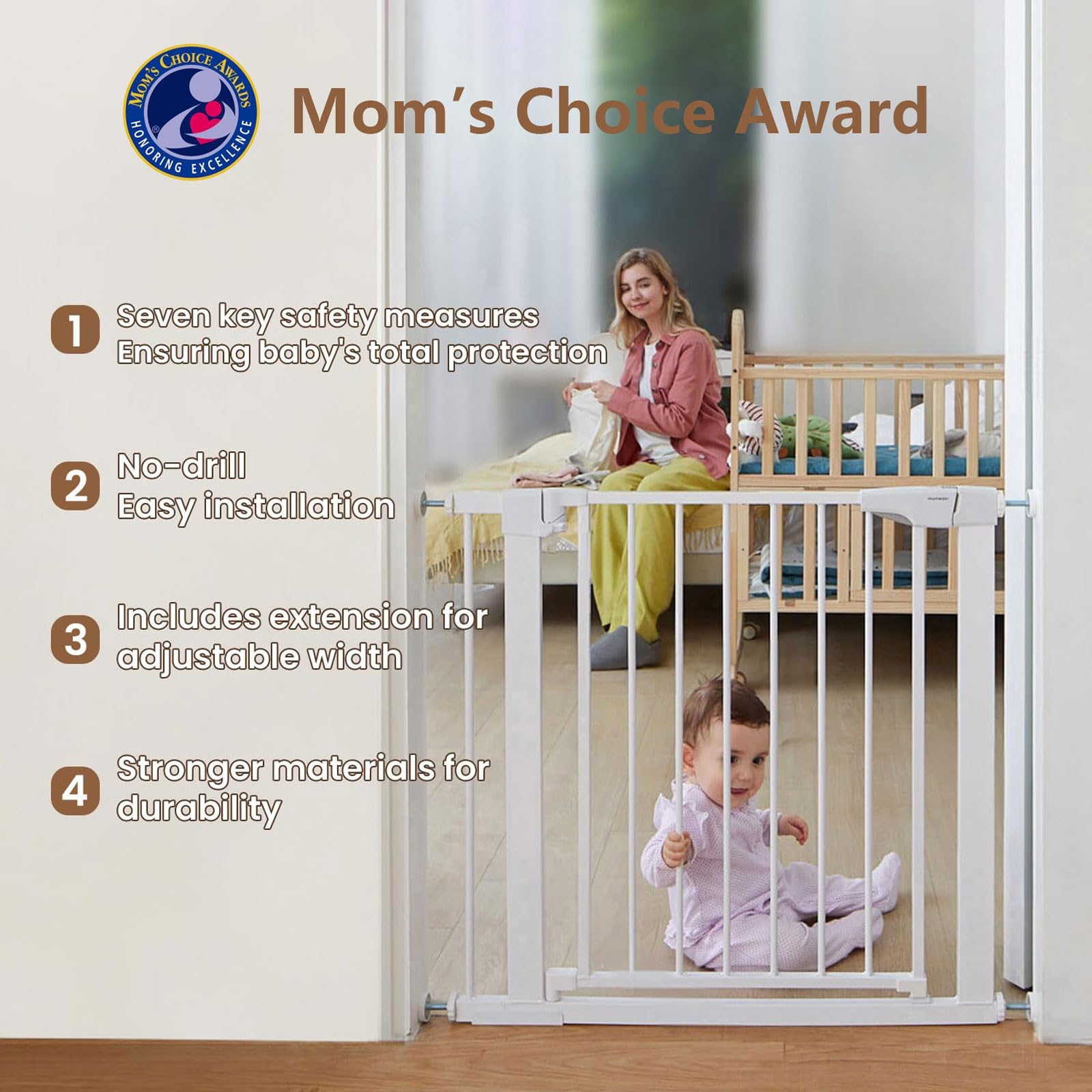 Mumeasy Baby Gate for Stairs - 29.6-46" Auto Close Dog Gate for Doorways, Extra Wide Child Gate Indoor, Walking Through Safety Gate for Kid, Pet Gates No Drilling White, Mom's Choice Awards Winner