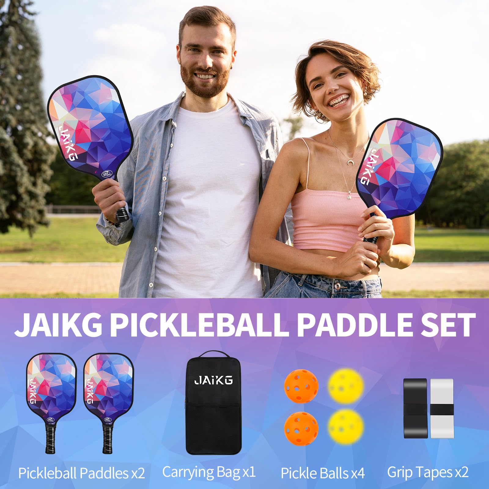 Pickleball Paddles Set of 2, Fiberglass Pickleball Paddles with 4 Pickleball Balls, 2 Grip Tapes, 1 Carry Bag Lightweight Pickle Ball Rackets for Beginners