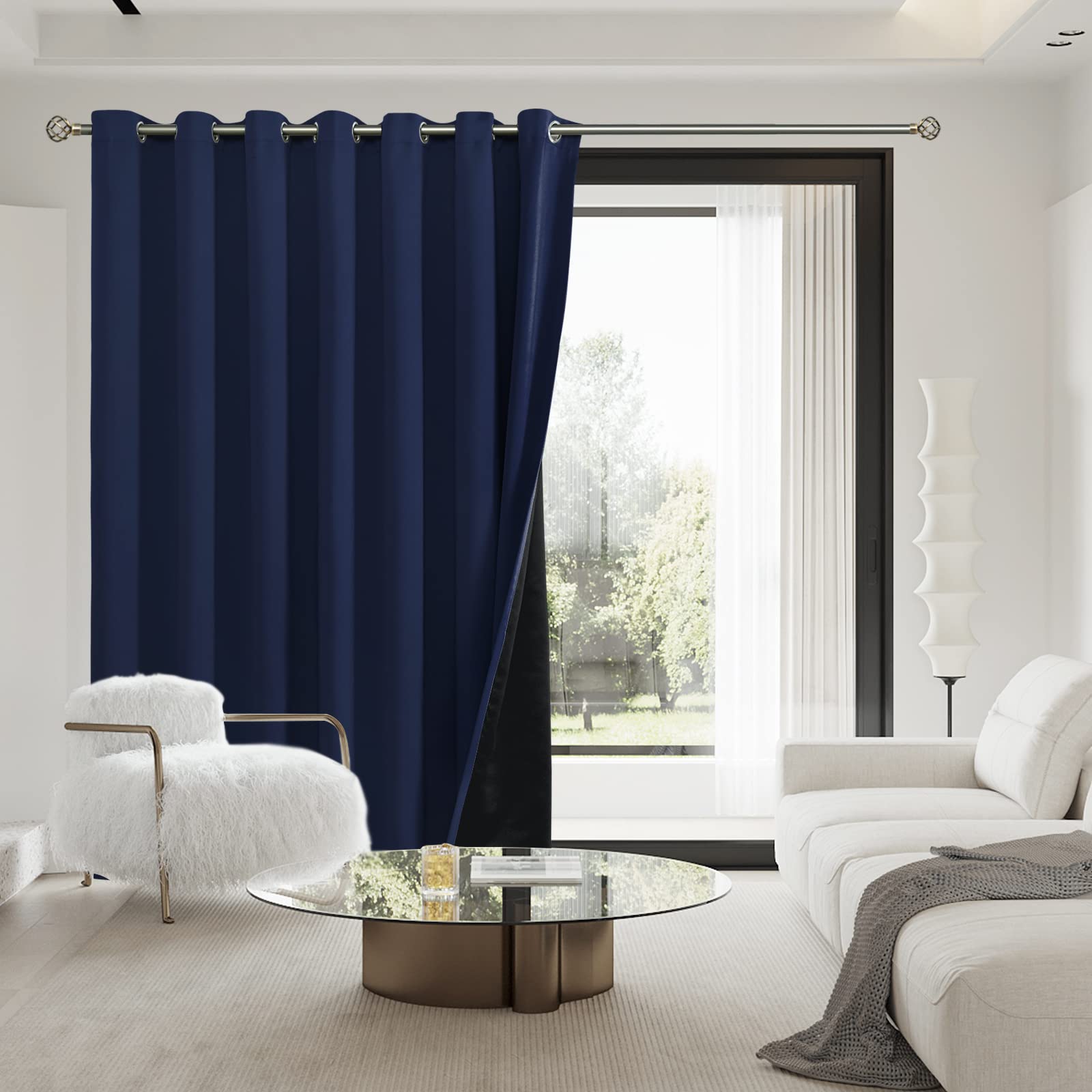 BGment Sliding Door Curtain for Patio, Room Divider Curtain 100% Blackout Double Layers Extra Wide Curtain with Liner, 1 Panel, 100 x 108 Inch, Navy Blue