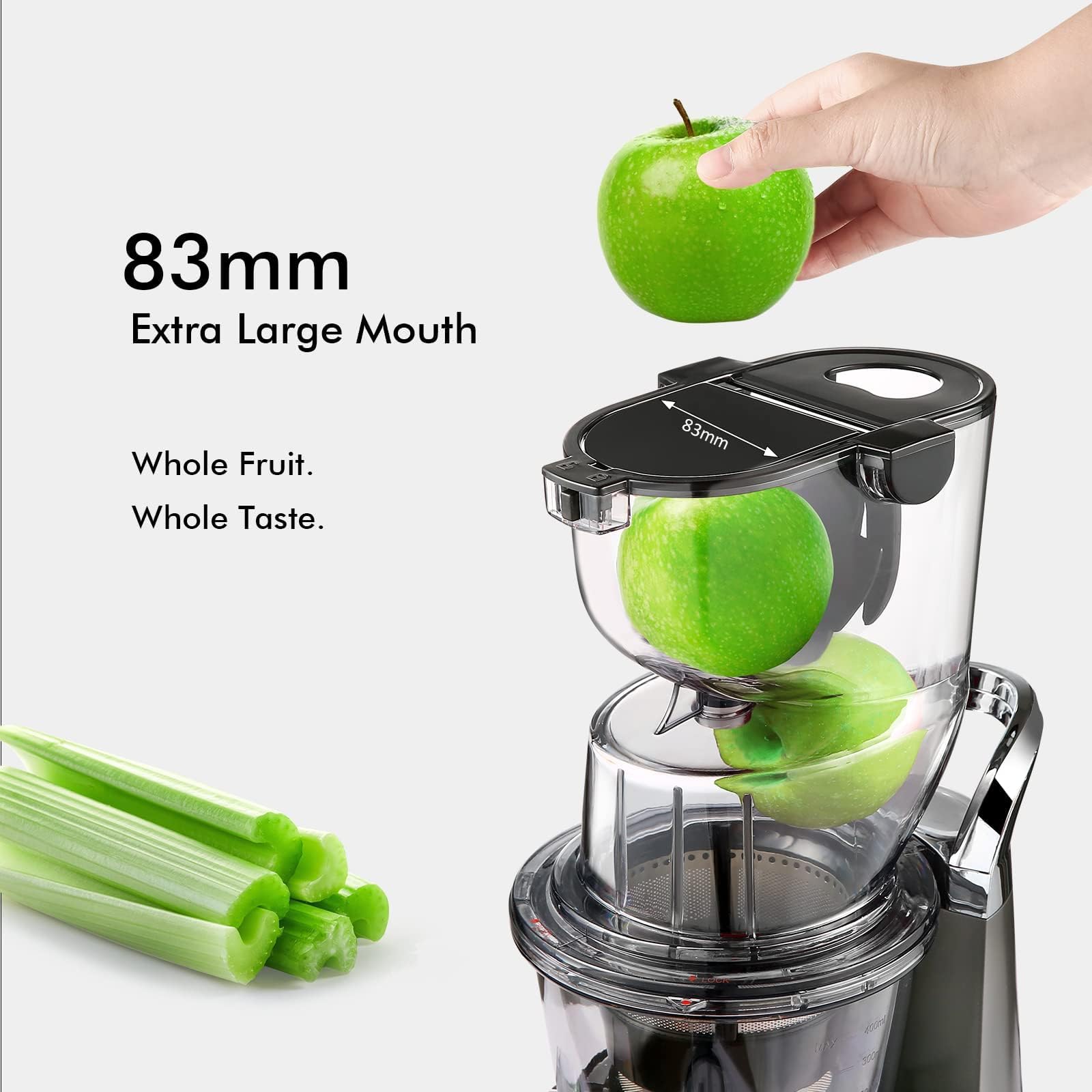 Cold Press Juicer Machine, SiFENE Slow Masticating Juicer, Big Mouth 83mm Opening Ideal for Whole Fruits & Vegetable, Easy-Clean, Quiet Motor (Gray)