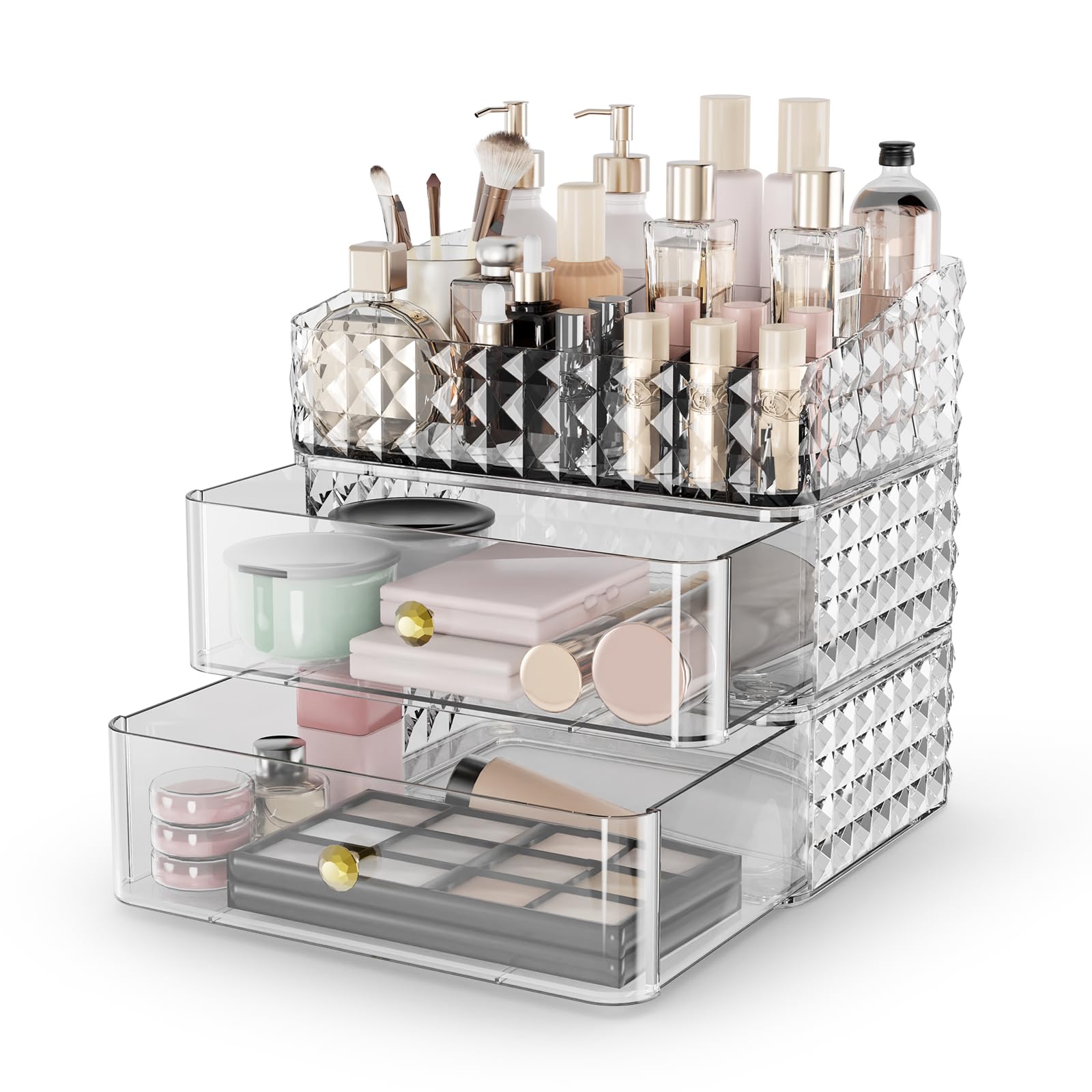 Rosoenvi Makeup Organizer for Vanity, Stackable Cosmetics Organizer and Storage, Cosmetic Display Cases with 2 Drawers and 1 Tray for Makeup Brush, Hair Accessories, Lipstick and Jewelry, Clear