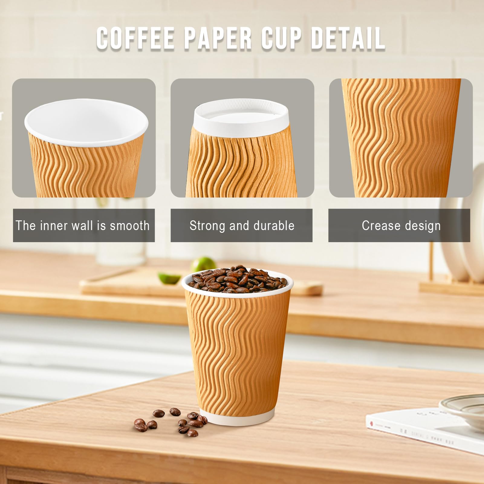 BYSNOW 100 Pack 12 oz Disposable Coffee Cups No Lids, Insulated Ripple Wall Paper Coffee Cups Suitable for Chocolate Cocoa and Hot/Cold Drinks (Champagne)