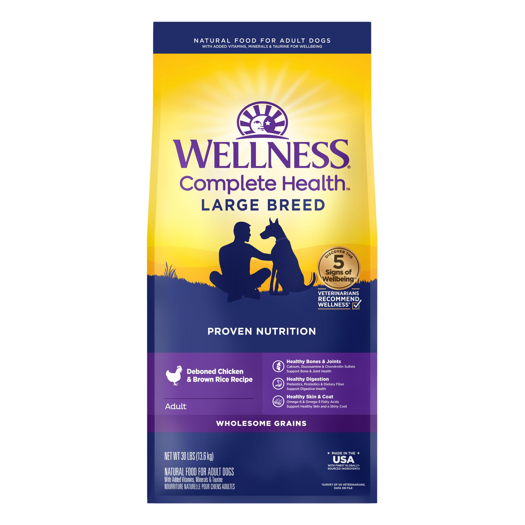 Wellness Complete Health Large Breed Adult Dry Dog Food, No Corn or Wheat, Made in USA with Real Meat, Natural Ingredients, Glucosamine, Probiotics & Omega Fatty Acids (30-Pound Bag)