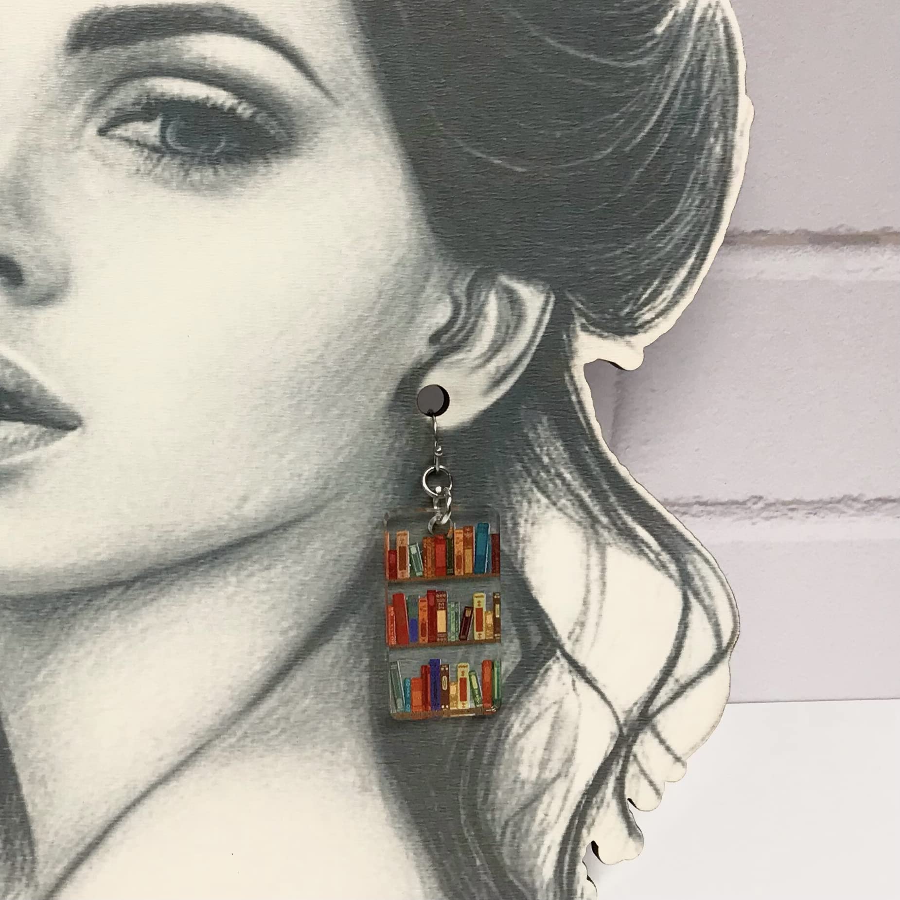 Bookcase Dangle Earrings with Book Shelves Patterned Acrylic