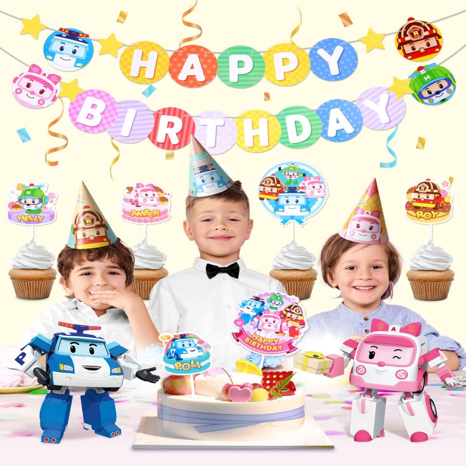 Robocar Poli, Birthday Party Supplies [2-PACK] Happy Birthday Banner Garland, Cake Cupcake Toppers, Cone Hats Set for Boy Girl Kids Party Decorations