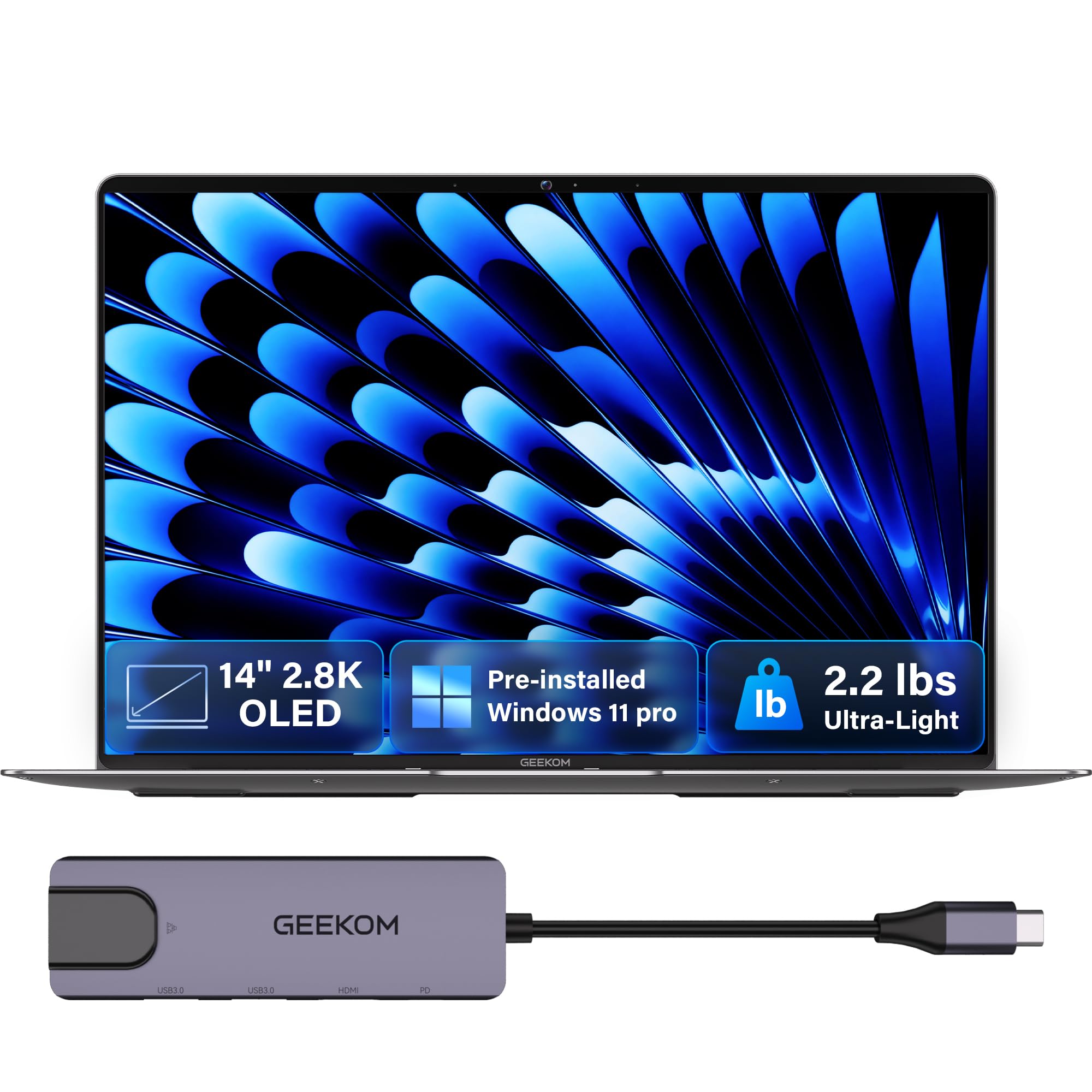 GEEKOM GeekBook X14 Pro Laptop, 2.2lbs Ultra Thin 14" 2.8K OLED Laptop Computer, Ultra 9 185H, 32GB LPDDR5x 7500MHz RAM 1TB SSD, Up to 16 Hour, 2X USB4, Fingerprint, Hub, Copilot, Windows 11 Pro