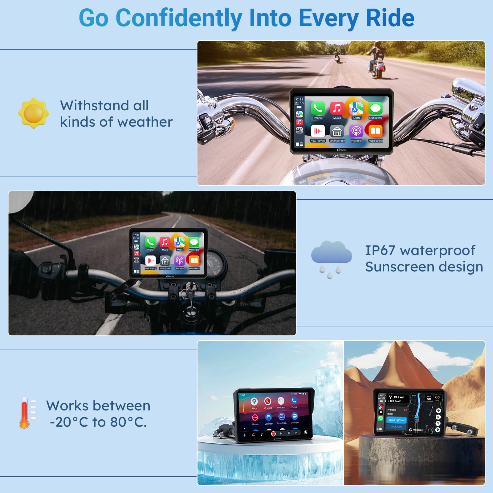 Carpuride W702 Motorcycle GPS Carplay Screen, Wireless CarPlay & Android Auto Car Stereo for Motorbike, 7" Waterproof Touchscreen, Dual Bluetooth, Siri,Navigation Screen
