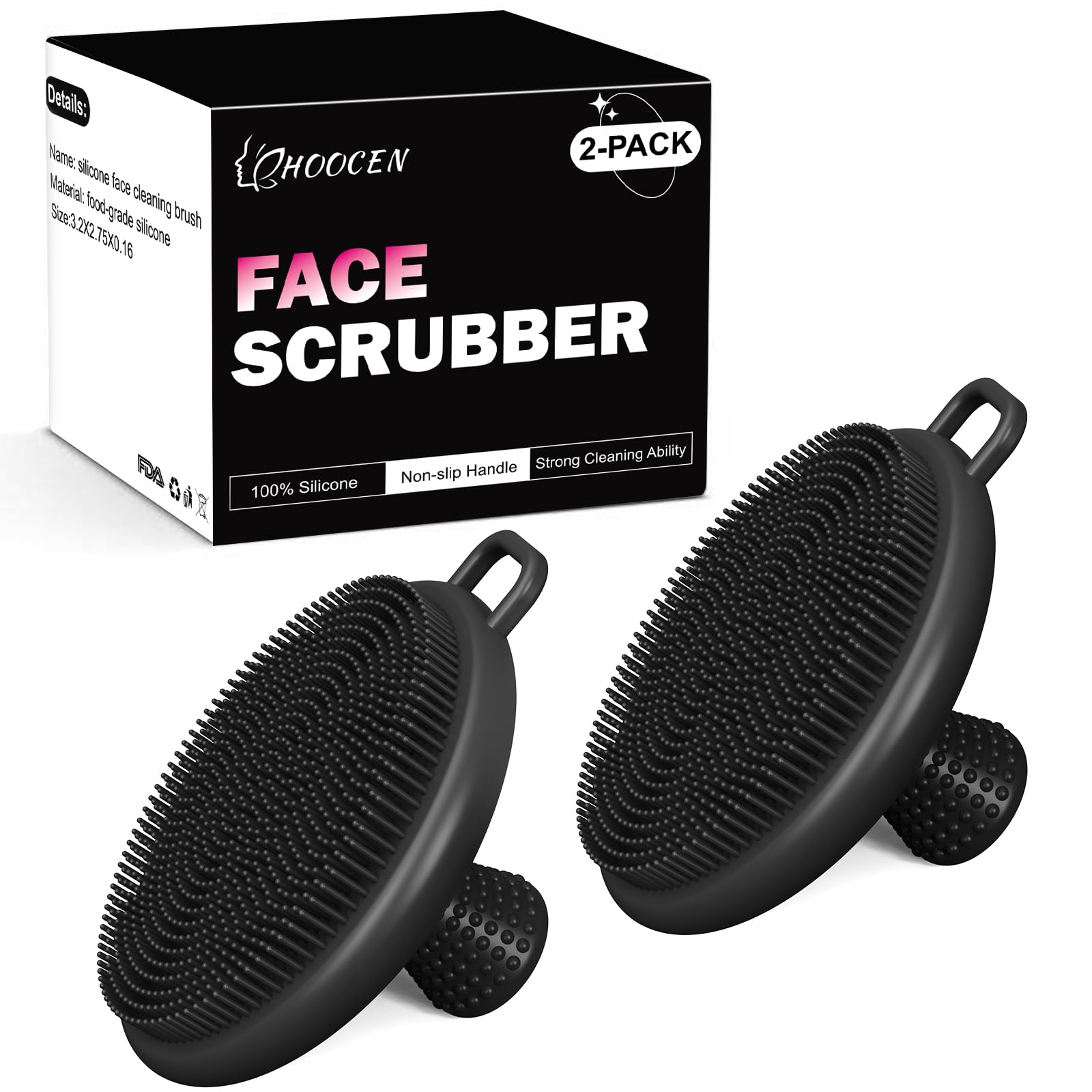 Pack of 2 Silicone Face Scrubber Exfoliator Christmas Gifts for Men Him, HOOCEN Waterproof Soft Face Wash Brushes for Exfoliating & Facial Cleansing & Body Skin Beard Care, Black