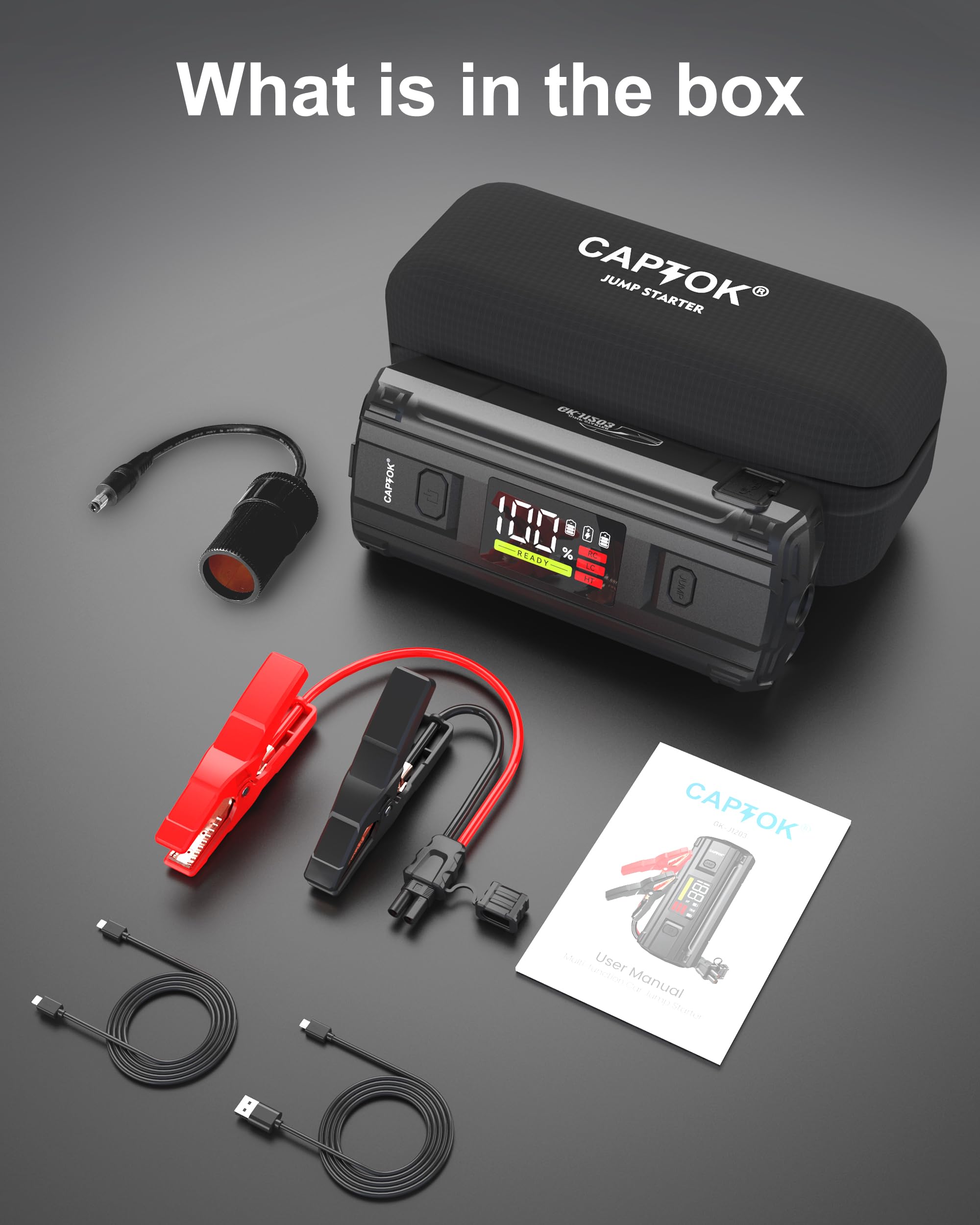 CAPTOK Car Battery Jump Starter, 4500A Peak PD65W Fast Charging 20000mAh Jump Start Battery Pack (12L Gas & 10L Diesel Engines),12V Jump Box with LED Light