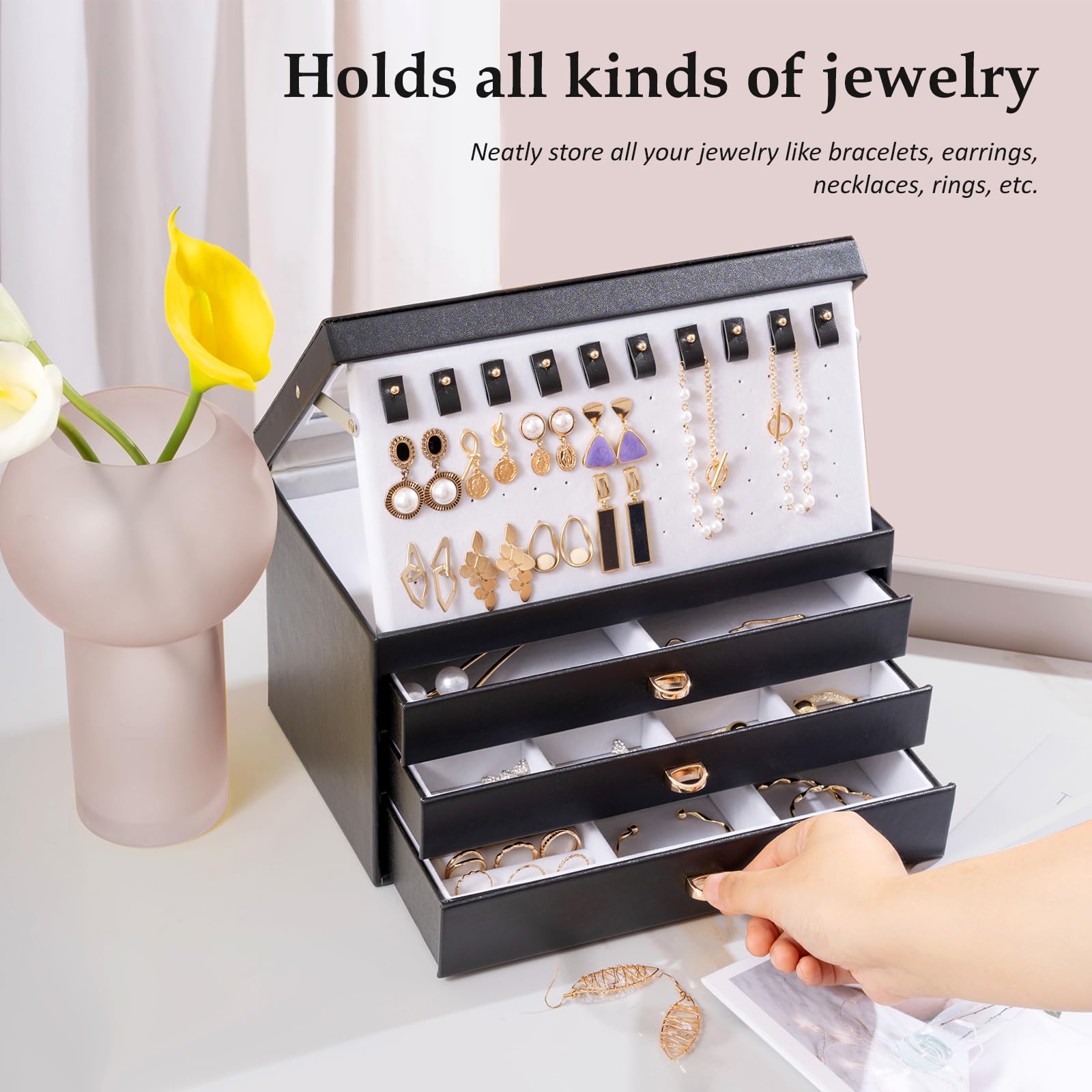 ProCase Jewelry Box for Women Girls, 4-Layer Large Jewelry Organizer Box with Glass Lid, Valentines Gift Jewelry Holder Organizer Jewelry Storage Case for Earrings Bracelet Necklace Rings -Black