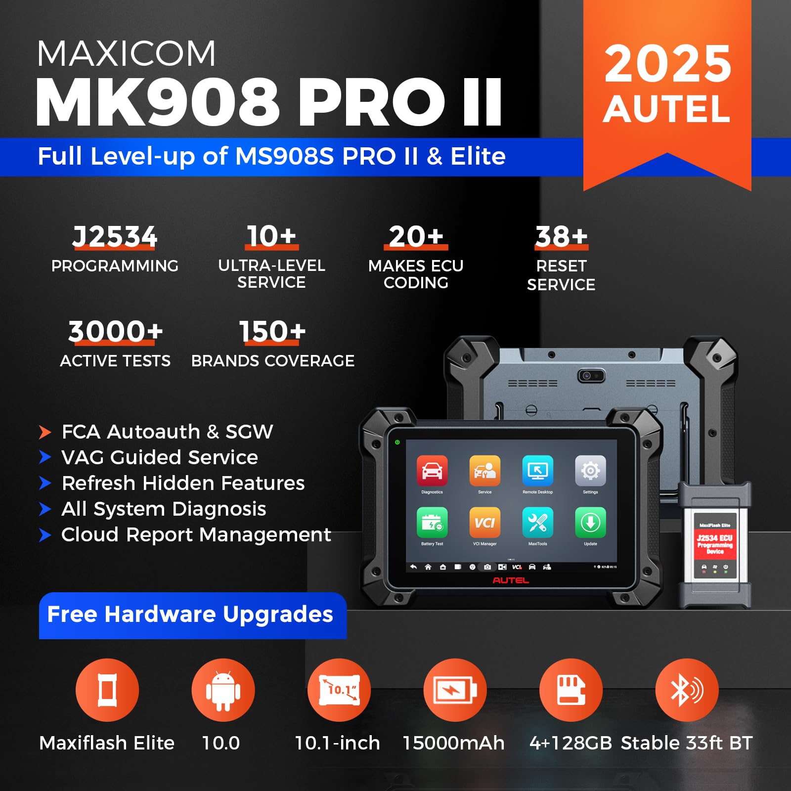 Autel MaxiCOM MK908 Pro II MK908P II: 2025 J2534 Reprogramming Tool as Elite II PRO, MSUltra MS919, 38+ Service, Bidirectional, Level-Up of MS908S Pro Elite with J2534 Pass-Thru, AutoScan 2.0, OS 10