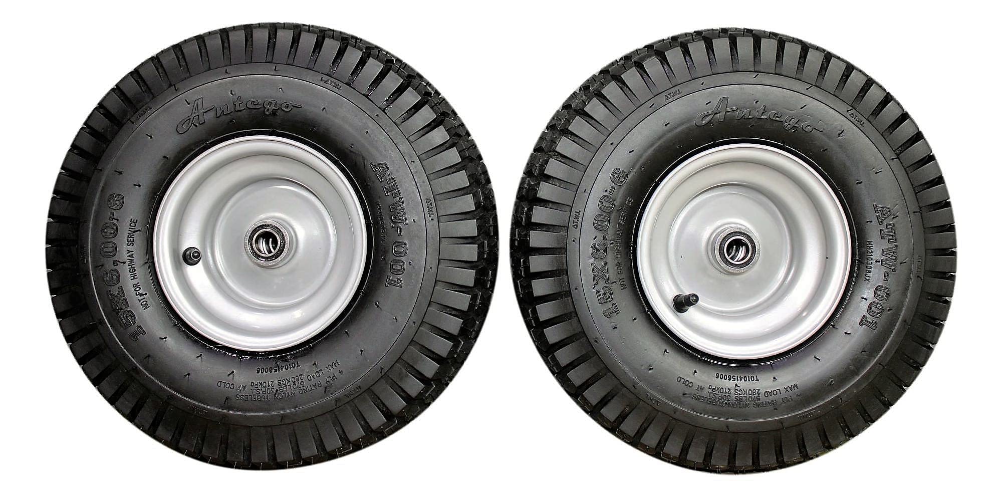 Antego Tire & Wheel (Set of 2) 15x6.00-6 Tire and Wheel Assemblies, ATW-001, 4 Ply Turf Tires, .75" Precision Ball Bearings, Poulan/Husqvarna Mower Front Tires, and Honda Lawn Mower Tires 15x6.00-6