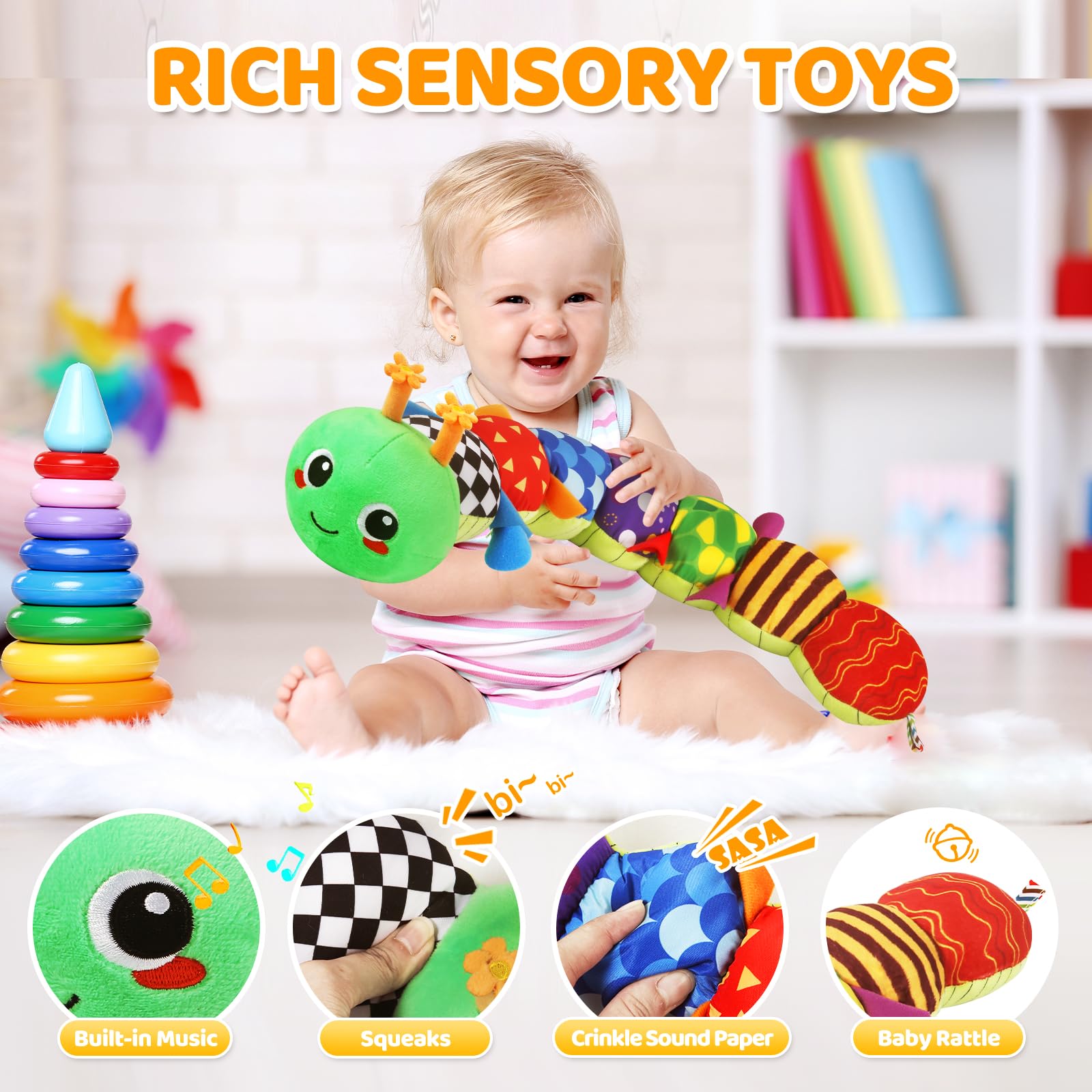 KMUYSL Baby Toys 0-6 6-12 Months, Sensory Music Animal Stuffed Toy for 0 1 2 3 4 5 6+ Months, Plush Toy with Crinkle and Rattles for Infant Newborn, Tummy Time Toys Gifts for 0-3-6-12 Month