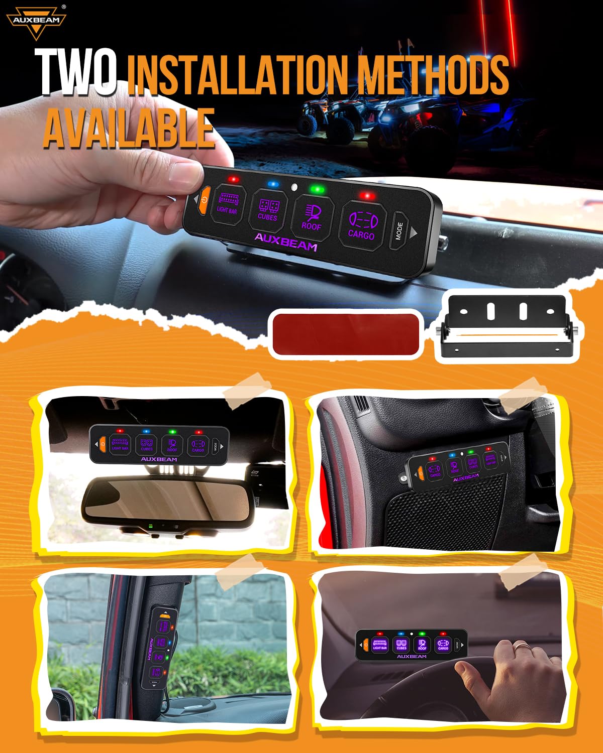 Auxbeam 4 Gang Slim Switch Panel RGB AS-R40 Toggle Momentary Pulsed Dimmable Backlight Multifunction Switch Panel with Memory Function for 12-24V Truck Offroad Car Marine Waterproof 2 Years Warranty