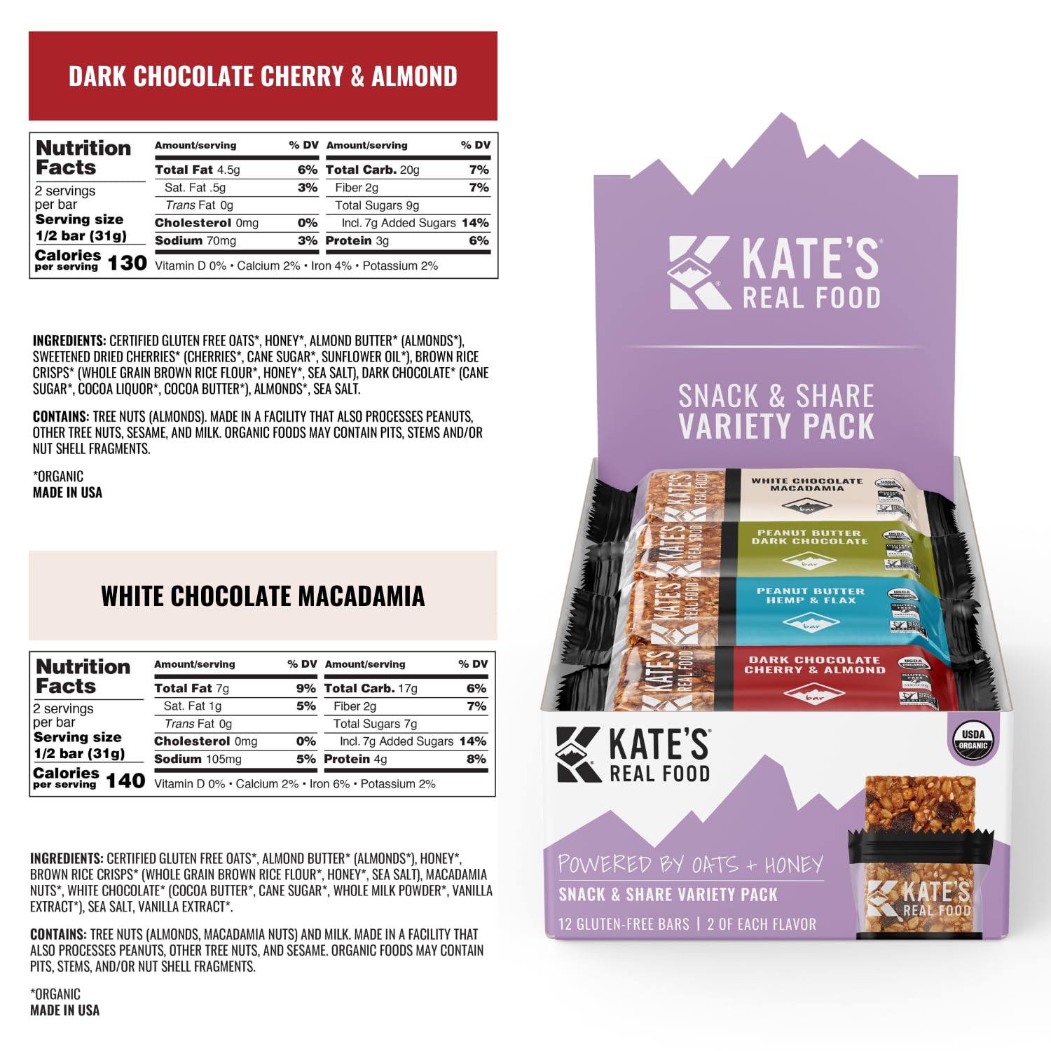 Kate’s Real Food Organic Granola Bars - Snack & Share Variety Pack (2.2 oz, Pack of 12) - Organic Energy Bars Made with Gluten Free Oats - Non GMO, Soy Free, Whole Grains, and All Natural