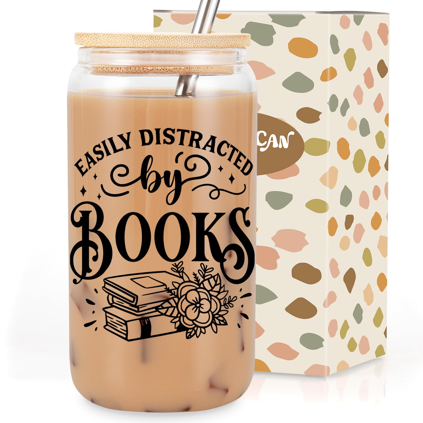 Coolife 16 oz Book Lovers Coffee Glass Cups Tumblers w/Lids Straws, Bookish Gifts for Women, Bookworm Gifts for Book Lovers Club, Librarian Stuff, Readers Accessories, Christmas Birthday Reading Idea