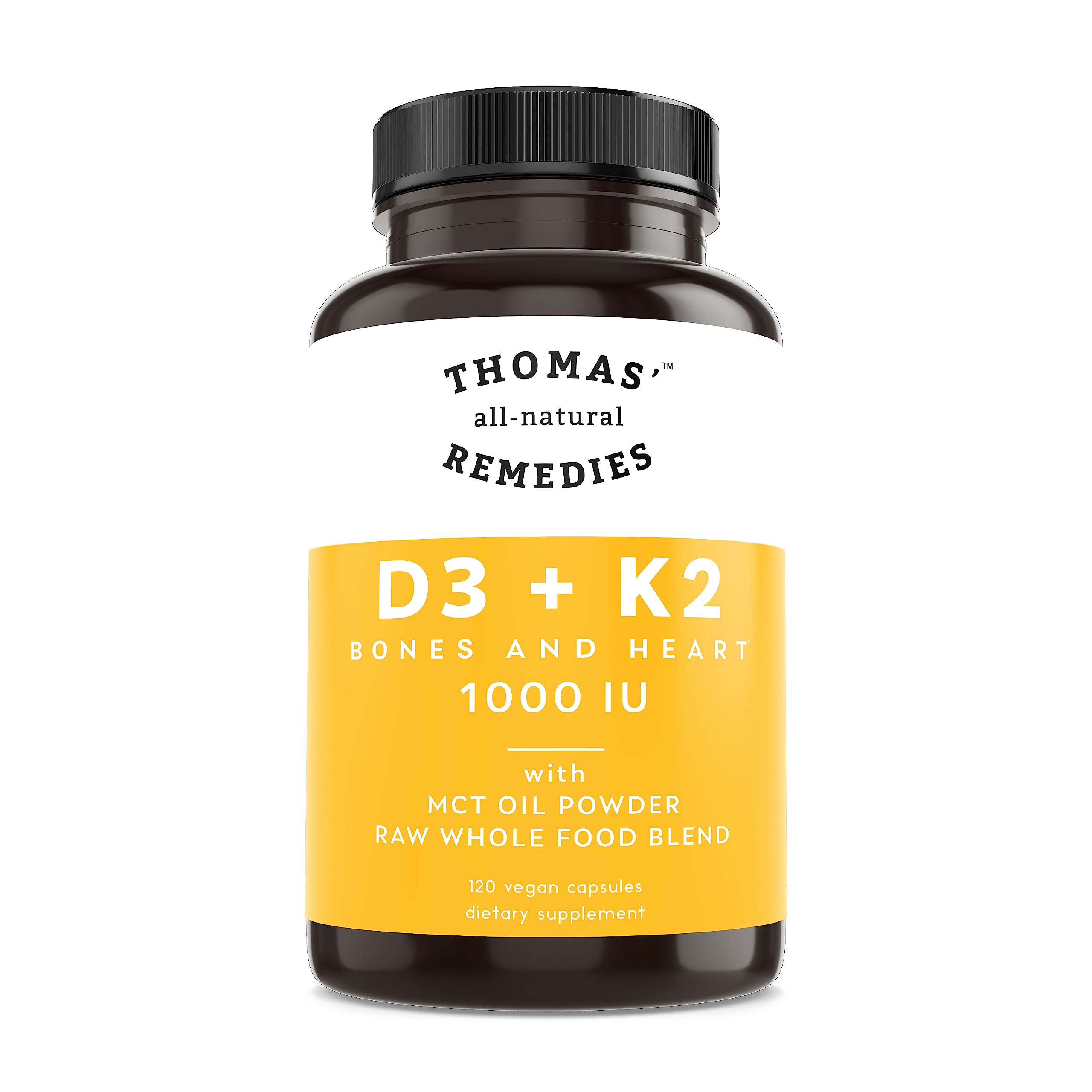 Thomas' all-natural Remedies D3 + K2 with MCT Oil for Better Absorption & Raw Whole Food Blend, 1000 IU D3, Vegan, Made in USA, Support for Your Heart, Bones & Teeth, Non-GMO (120ct)