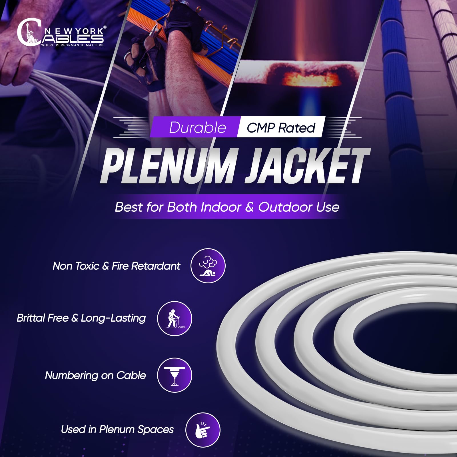 Newyork Cables Cat6a Plenum Cable 1000ft - Certified 100% Solid Pure Copper CAT6 A Ethernet Cable – 23 AWG, 750 MHz, PoE++ - Unshielded Twisted Pair - Cat 6a 10 GB High Speed for Networking & Gaming