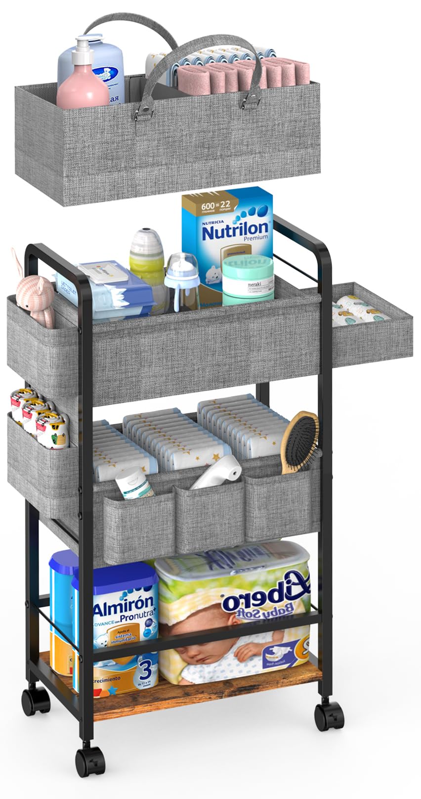 2In1 Baby Diaper Caddy & 4-Tier Diaper Cart Organizer With Wheels, Diaper Rolling Cart with Dividers & Dust-proof Drawer, Metal Detachable Bedside Cart for Nursery Essentials Storage, Large Capacity