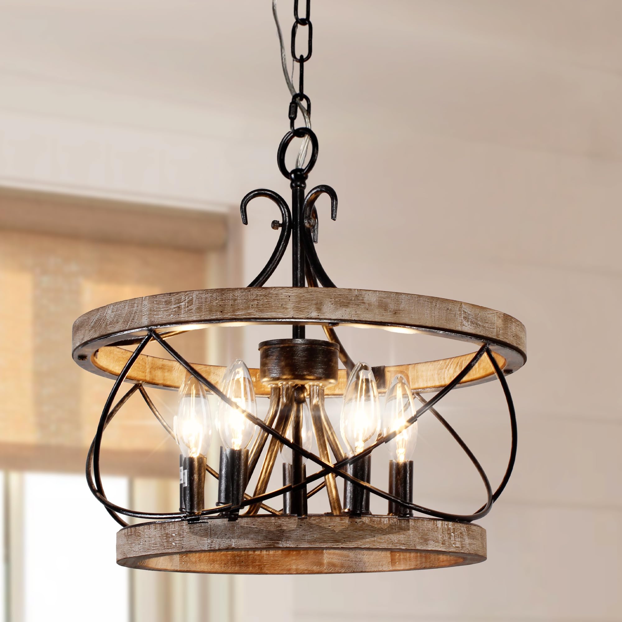 5-Light Farmhouse Wood Chandelier Light Fixture, 15.7" French Country Rustic Industrial Drum Hanging Pendant Lighting Over Table for Kitchen Island Dining Room Entryway