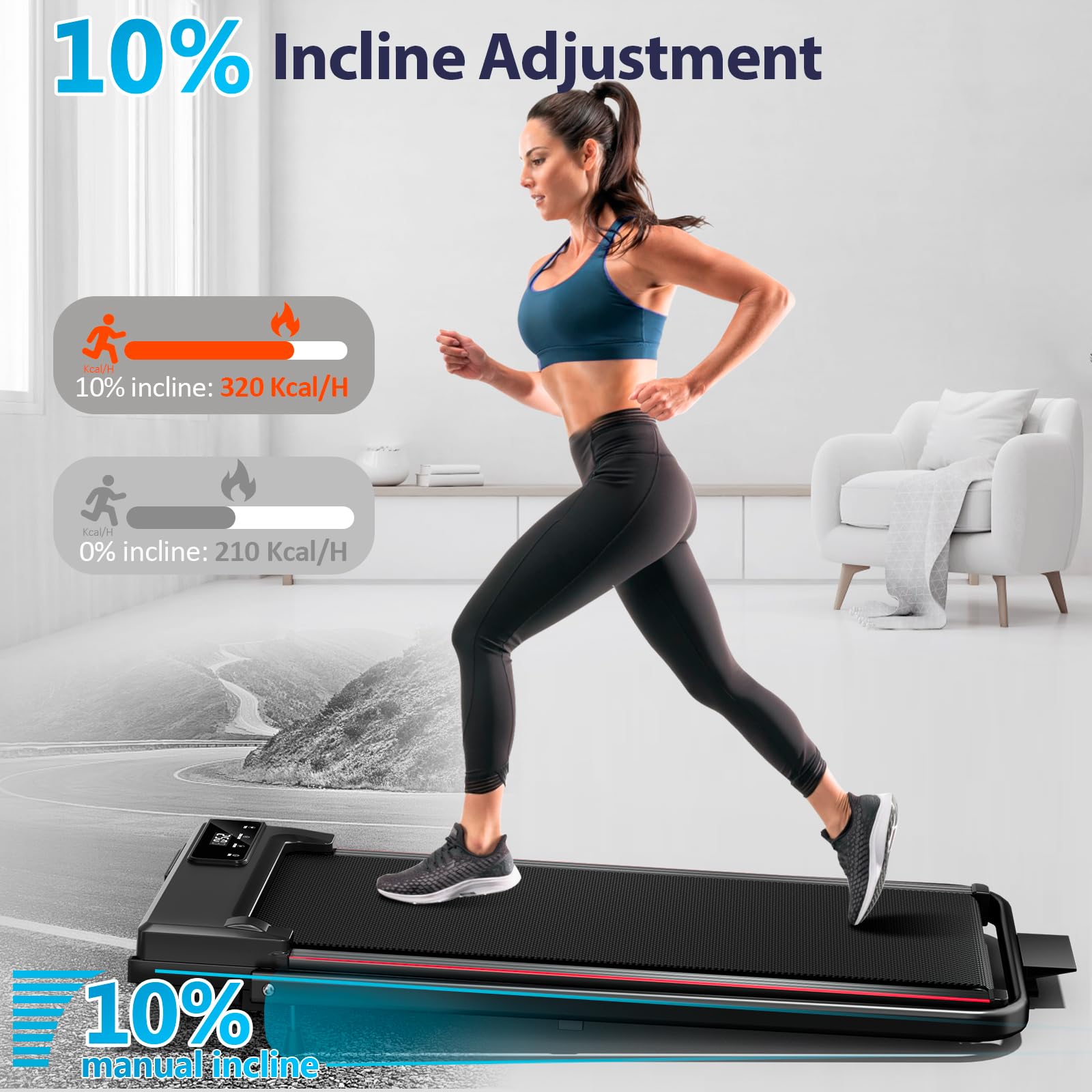 Incline Treadmill for Home, 300+ lb Capacity, Quiet Foldable Treadmills with Handle Bar, Compact Running Machine Walking Pad with APP